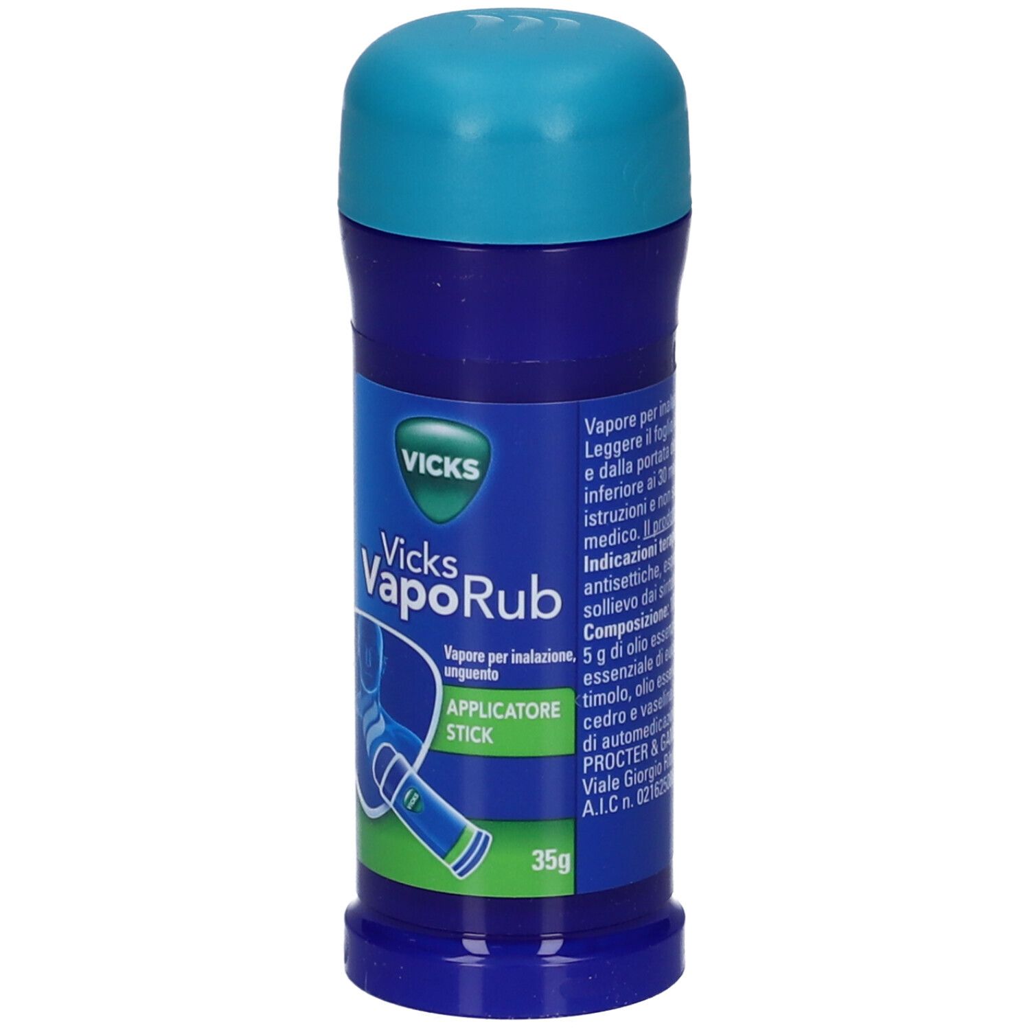 Stick applicatore blu e turchese. Scritta: Vicks VapoRub, 35g. Illustrazione di un braccio con applicatore.