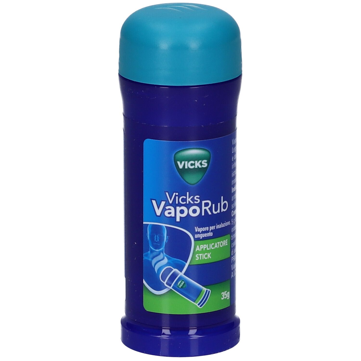 Stick applicatore blu e turchese. Scritta: Vicks VapoRub, 35g. Illustrazione di un braccio con applicatore.