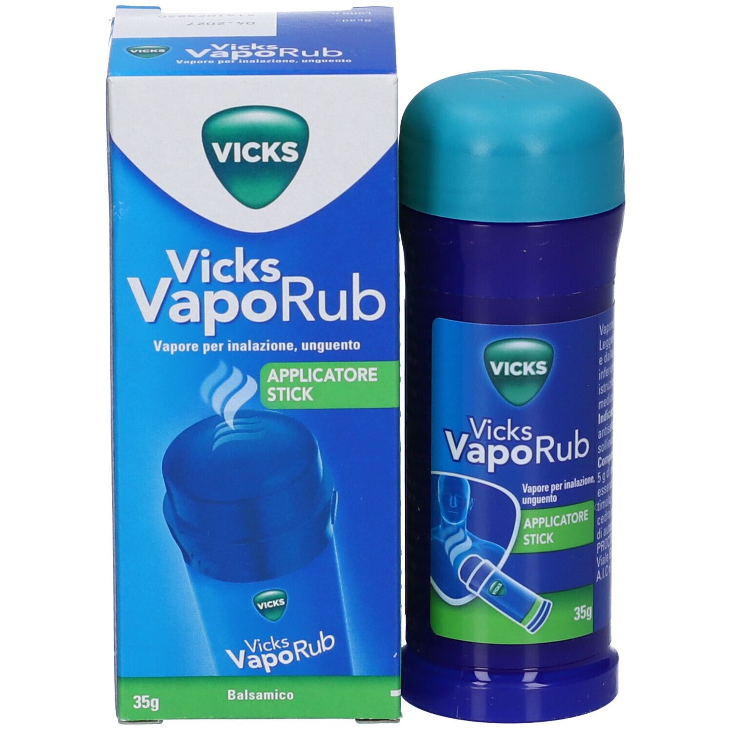 Prodotto e confezione. Scatola blu e bianca e stick blu-turchese. Scritta: Vicks VapoRub, 35g.