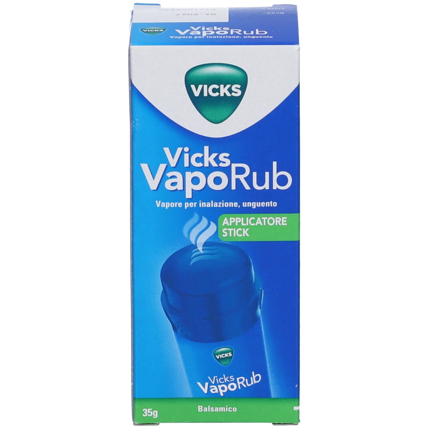 Scatola blu con scritta bianca. Scritta: Vicks VapoRub, 35g. Immagine di uno stick e vapore.