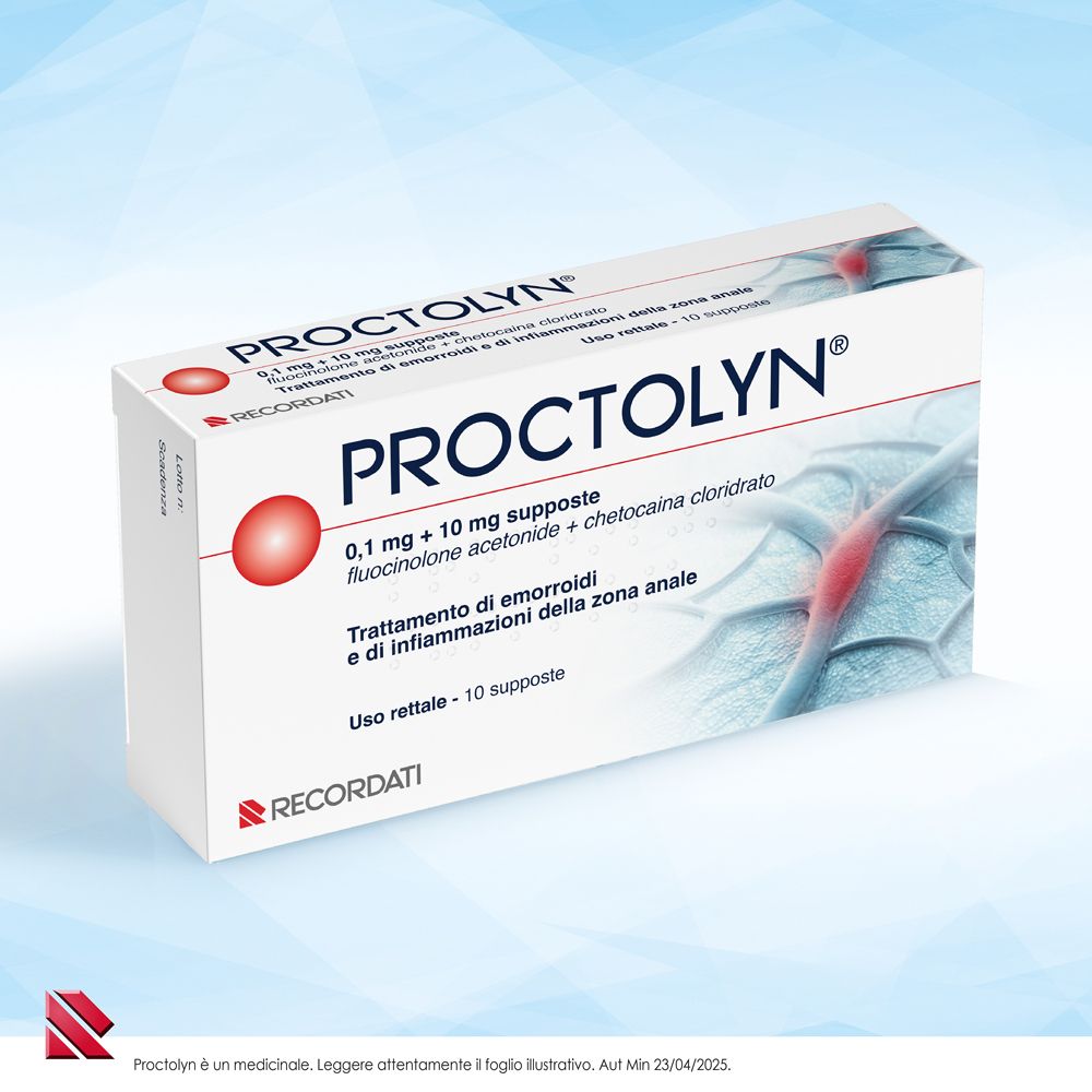 Confezione da 10 supposte rettali PROCTOLYN®, vista 3/4 anteriore.