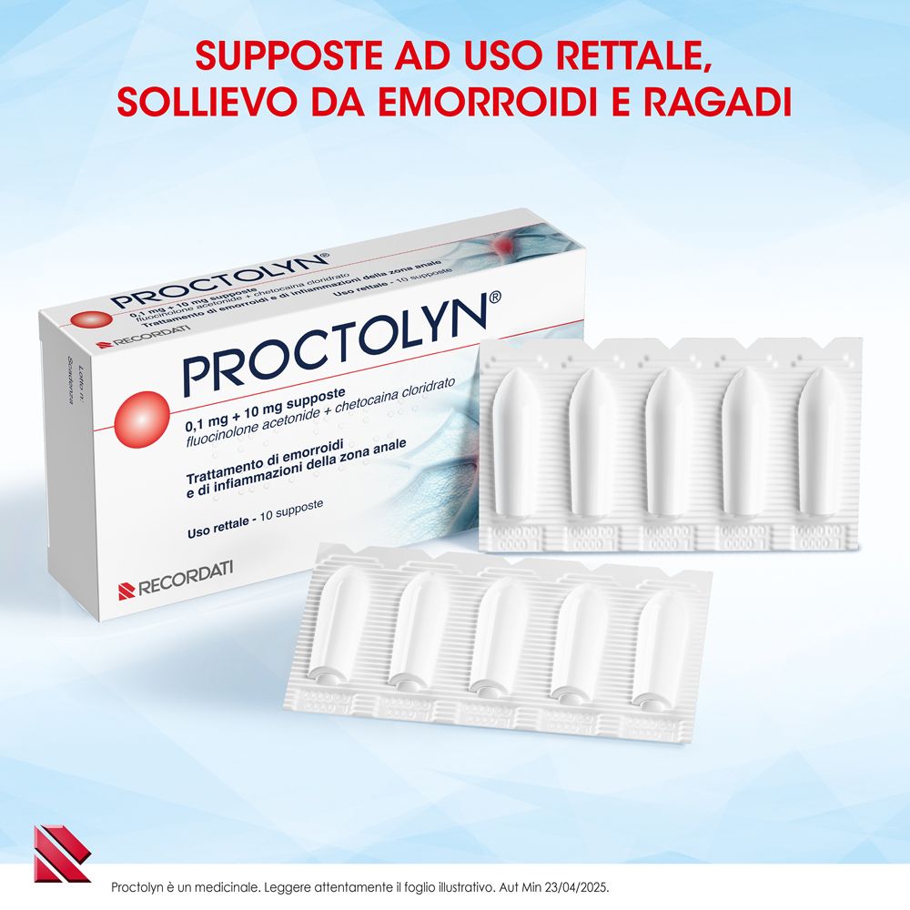Confezione PROCTOLYN® e due blister da 5 supposte rettali.