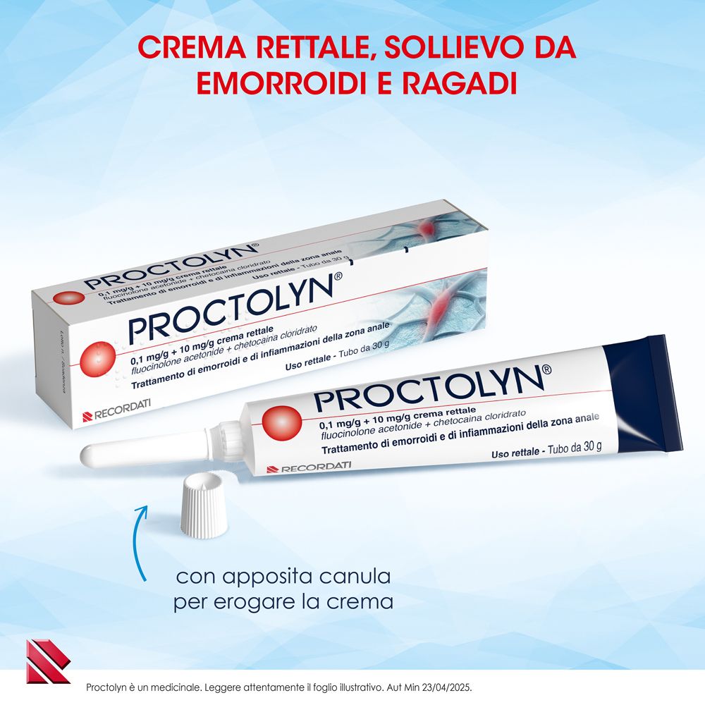 Tubo di crema rettale Proctolyn® con applicatore e confezione.