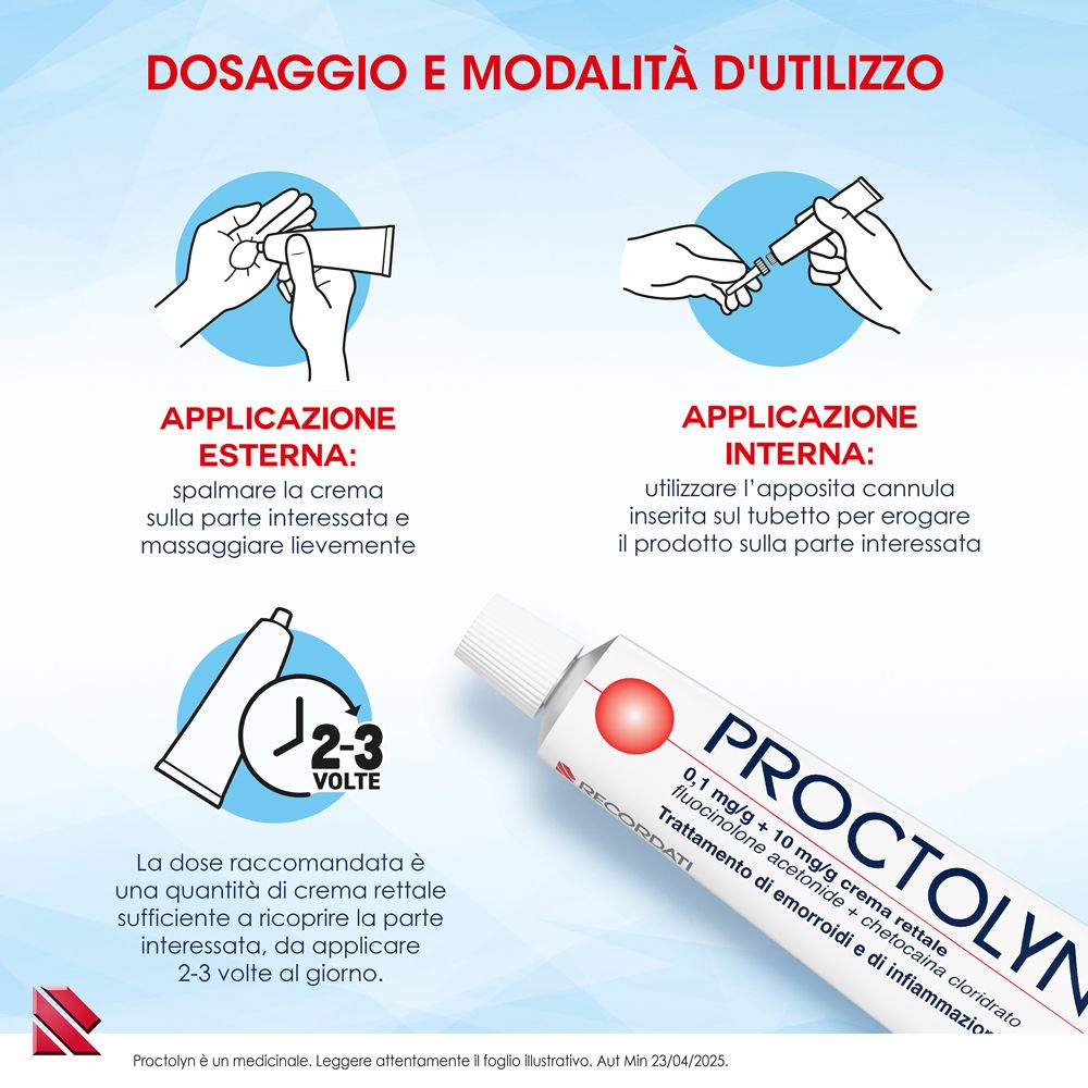 Istruzioni per l'applicazione della crema rettale Proctolyn®.