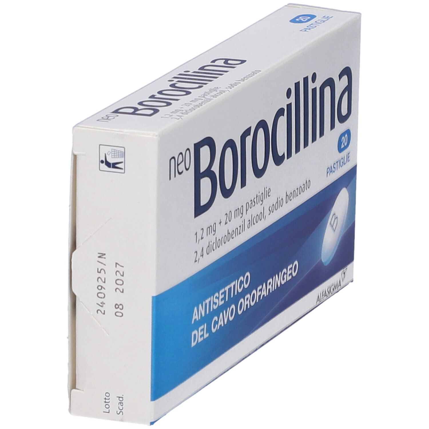 Scatola "neo Borocillina" in prospettiva. Confezione bianca con dettagli blu e informazioni sul prodotto.