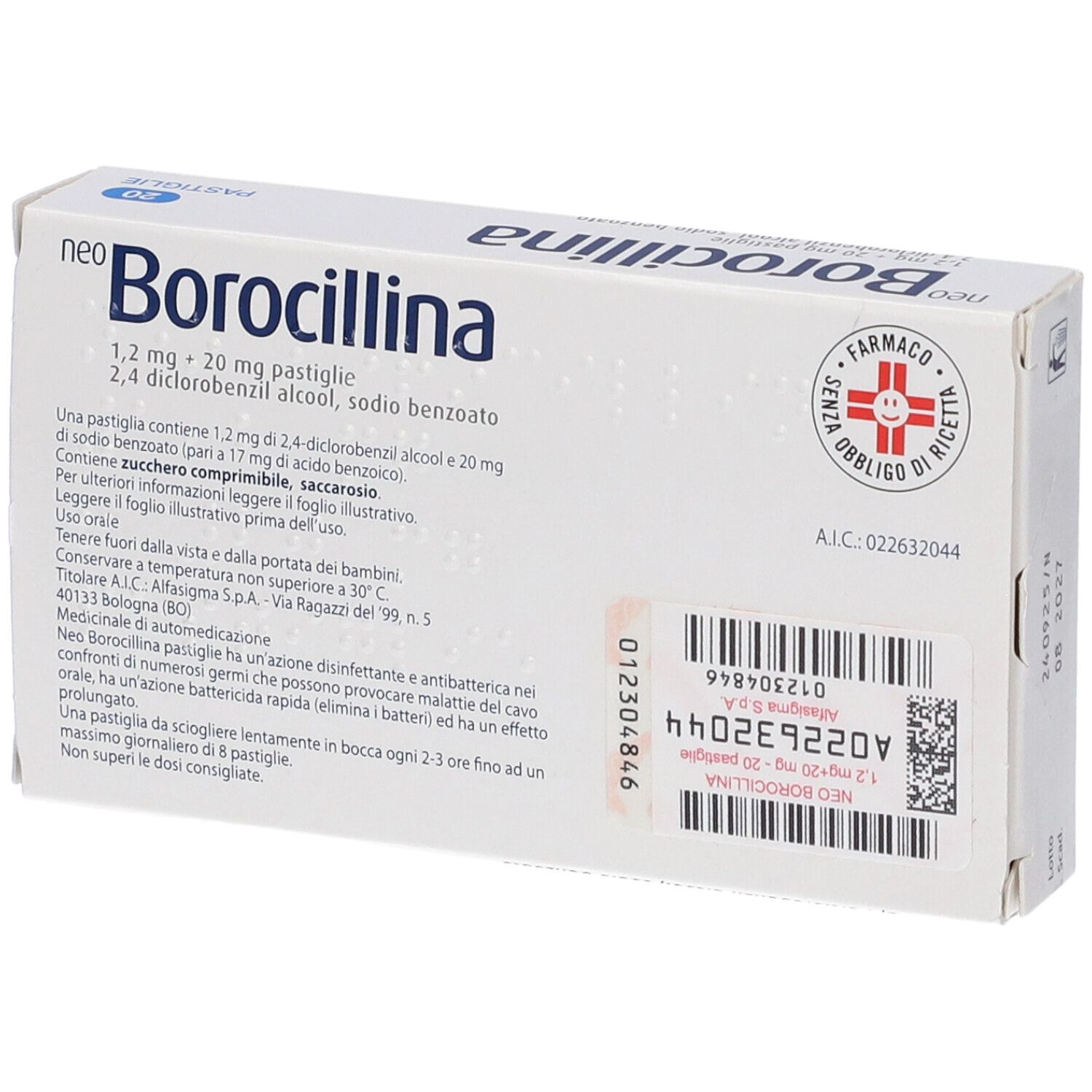 Retro della scatola "neo Borocillina". Contiene informazioni sul prodotto, codice a barre e logo farmacia.