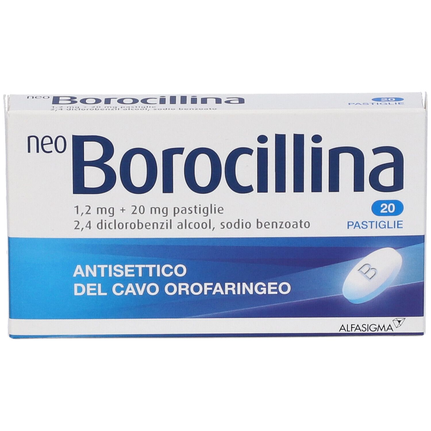 Scatola "neo Borocillina" con 20 pastiglie. Confezione bianca con dettagli blu e informazioni.