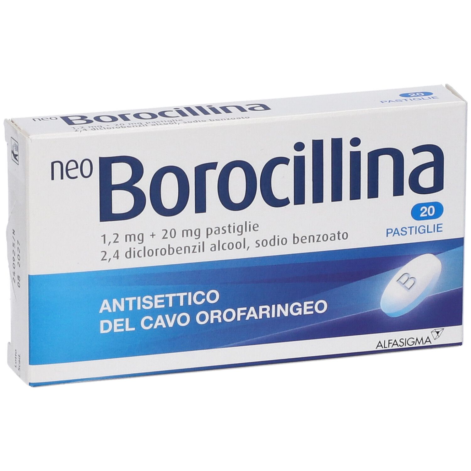 Scatola "neo Borocillina" con 20 pastiglie. Confezione bianca con dettagli blu e informazioni.