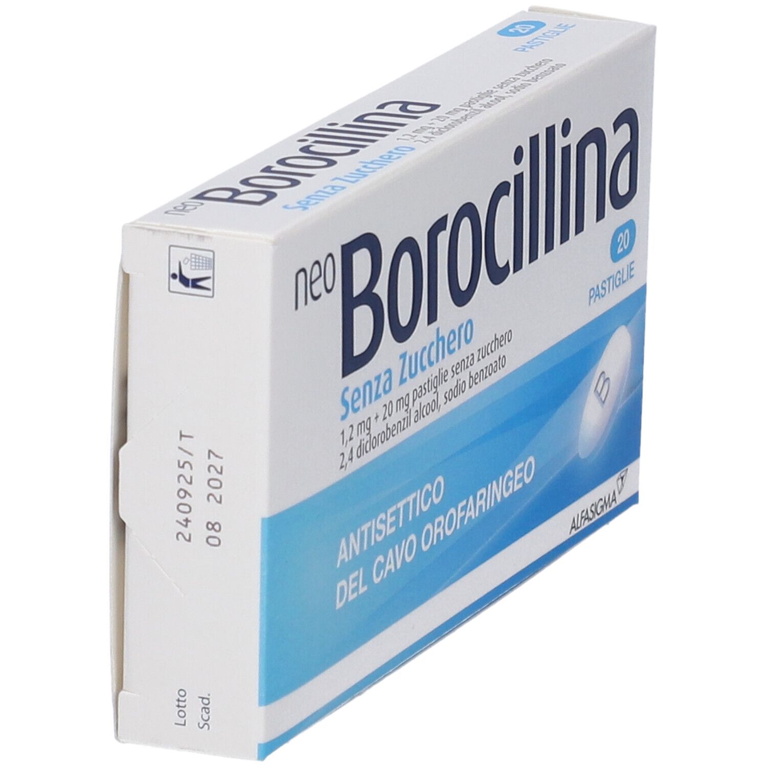 Scatola di 20 pastiglie senza zucchero. Scritto: Borocillina, Antisettico del cavo orofaringeo. Vista laterale.