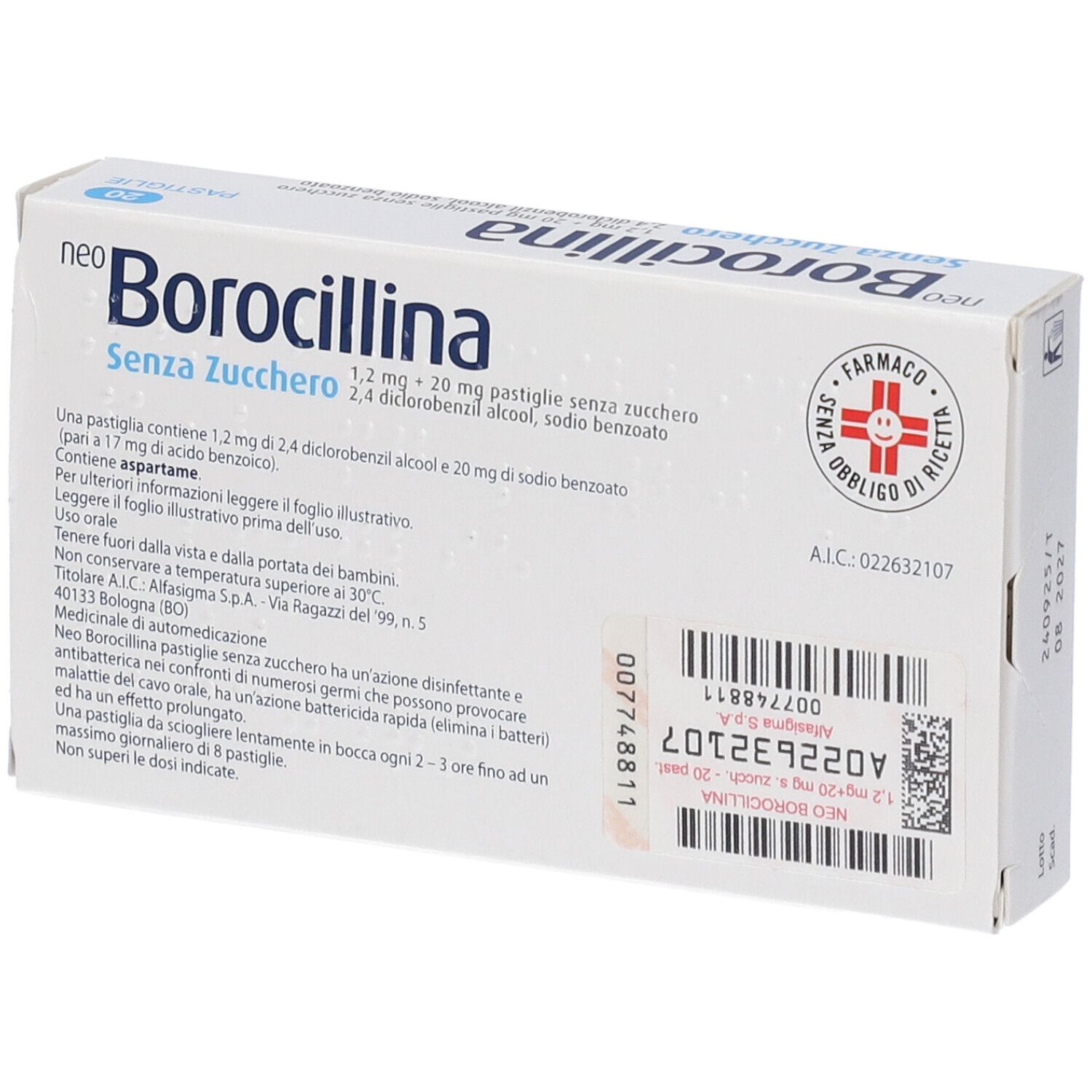 Scatola di 20 pastiglie senza zucchero. Scritto: Borocillina, Antisettico del cavo orofaringeo. Logo farmacia.