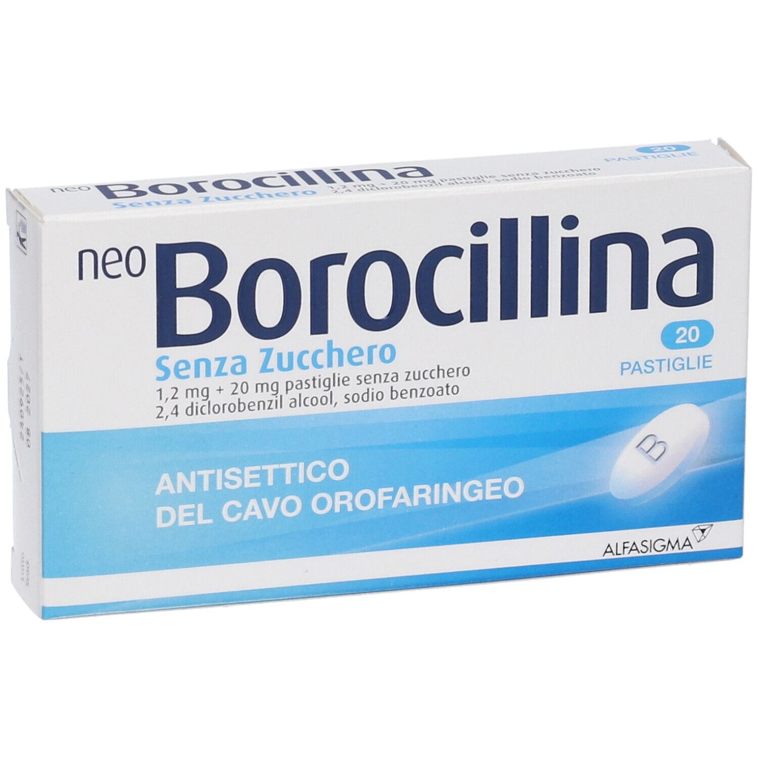 Scatola di 20 pastiglie senza zucchero. Scritto: Borocillina, Antisettico del cavo orofaringeo. Primo piano.