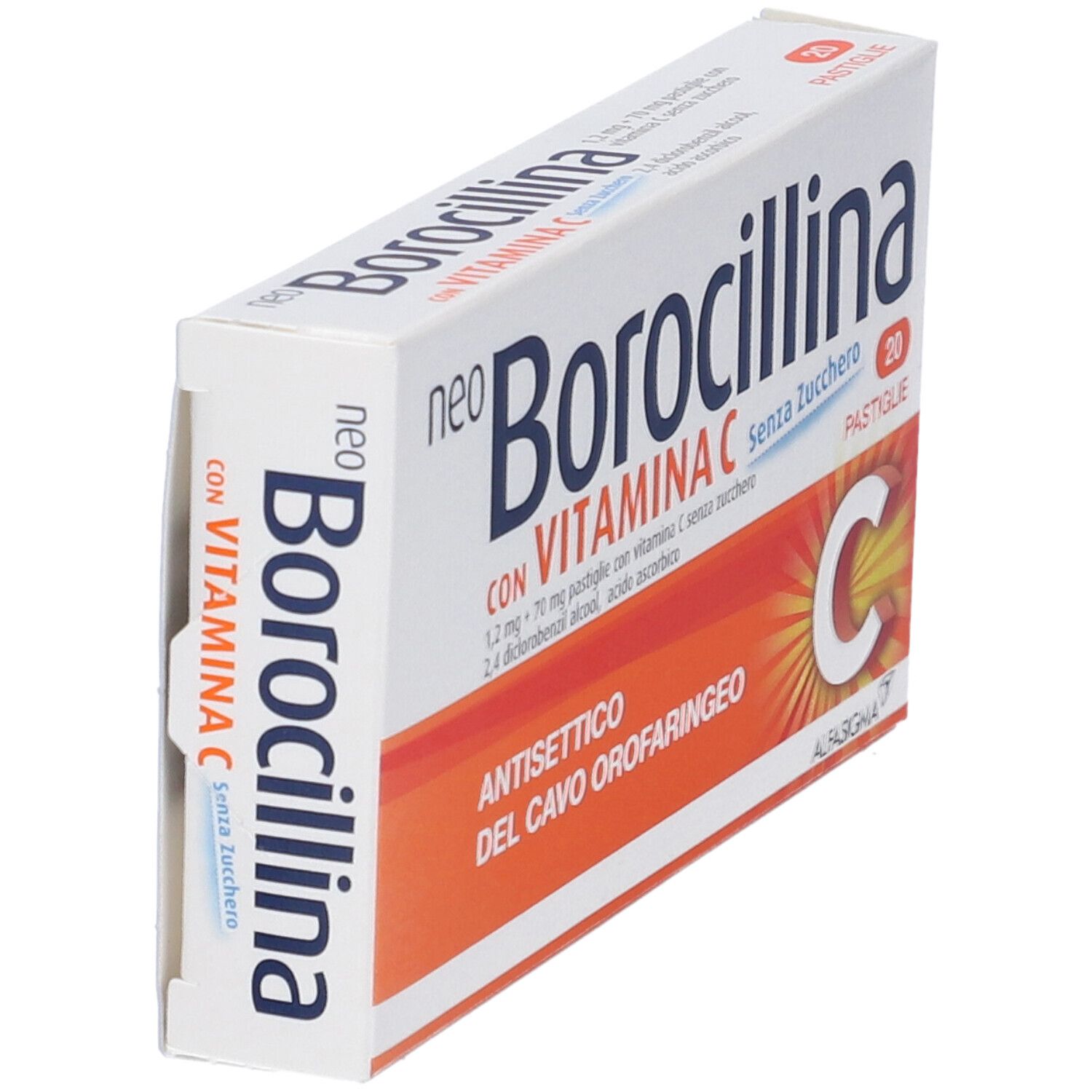 Scatola NEOBOROCILLINA, vitamina C, senza zucchero. 20 pastiglie. Simbolo C arancione. Vista obliqua.