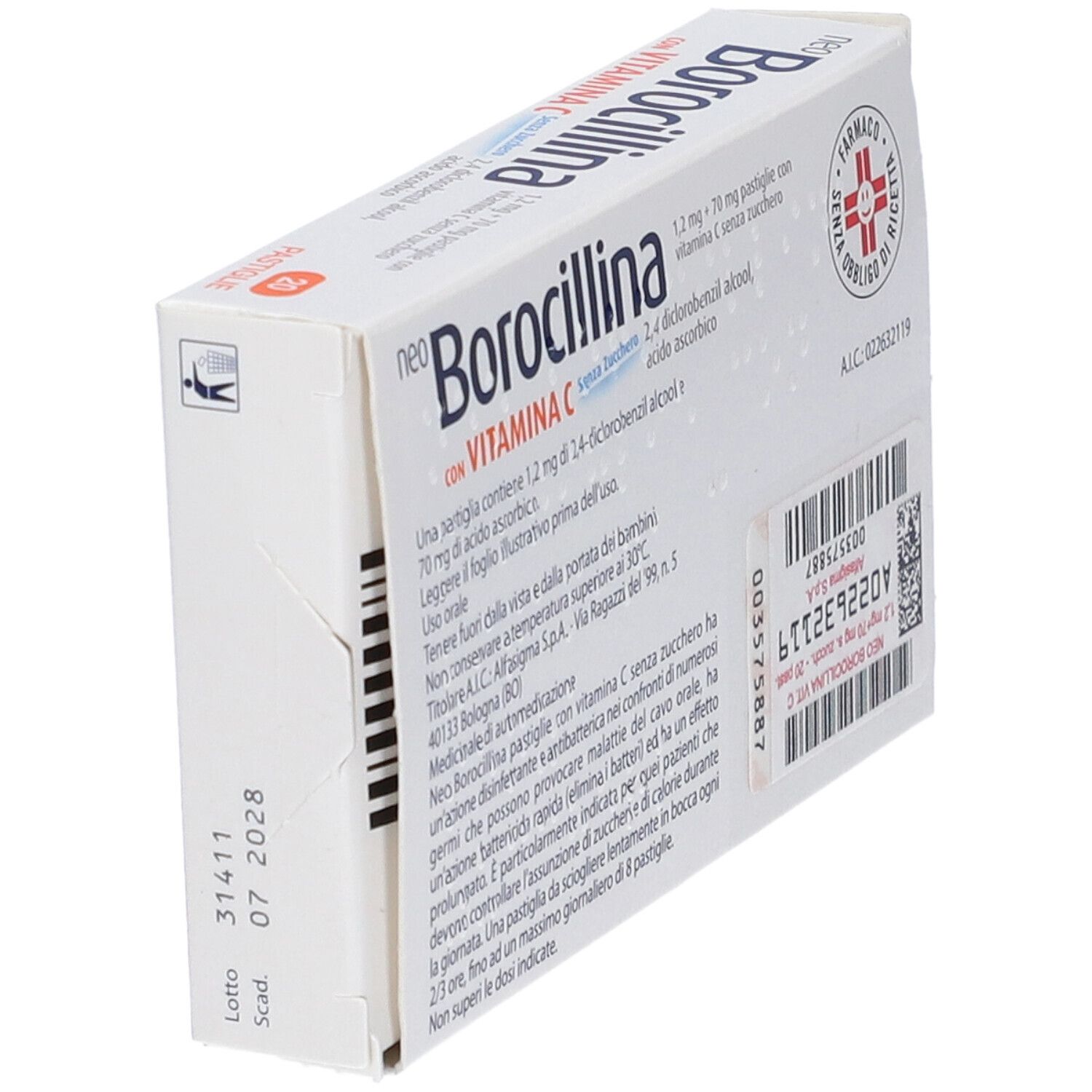 Scatola bianca, nome del prodotto e informazioni. Stampa con data di scadenza.