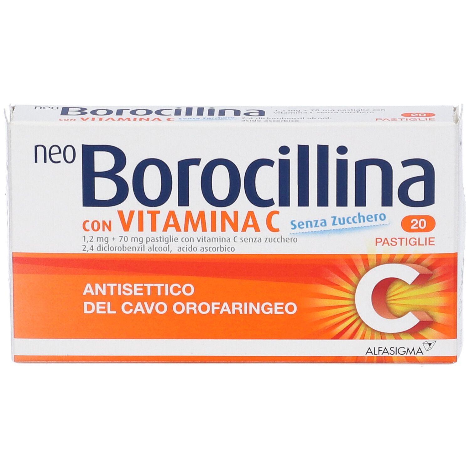 Scatola bianca con nome prodotto e informazioni. 20 pastiglie. Logo vitamina C.
