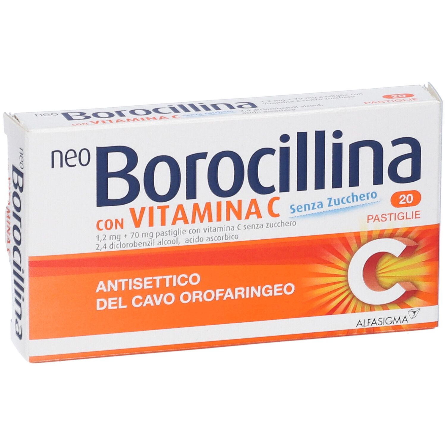 Scatola bianca con nome prodotto e informazioni. 20 pastiglie. Logo vitamina C.