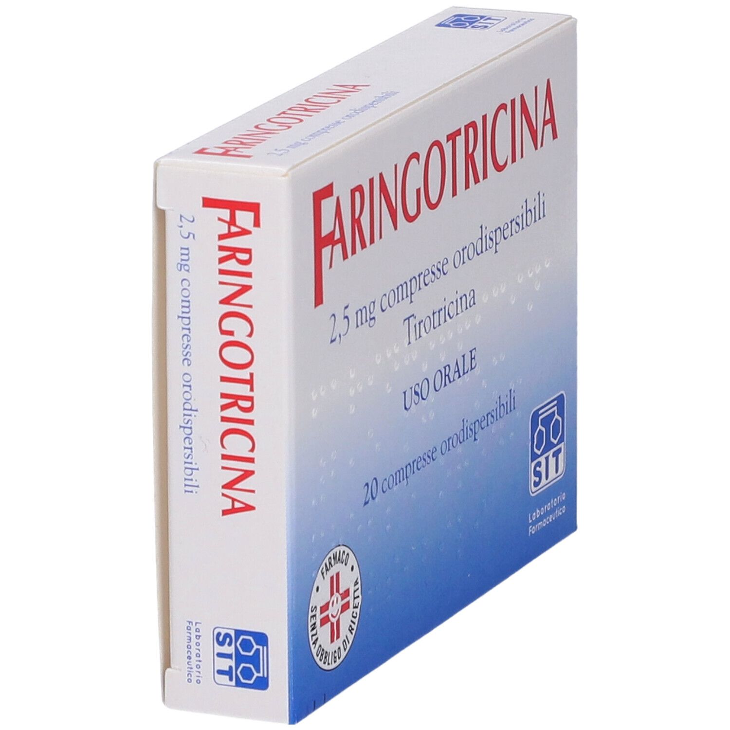 Scatola Faringotricina, 2,5 mg compresse. Vista laterale. Scritta rossa su sfondo bianco.
