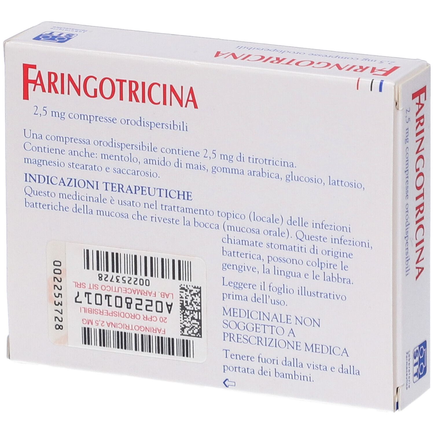 Retro della scatola Faringotricina. Informazioni e ingredienti. Sfondo bianco.