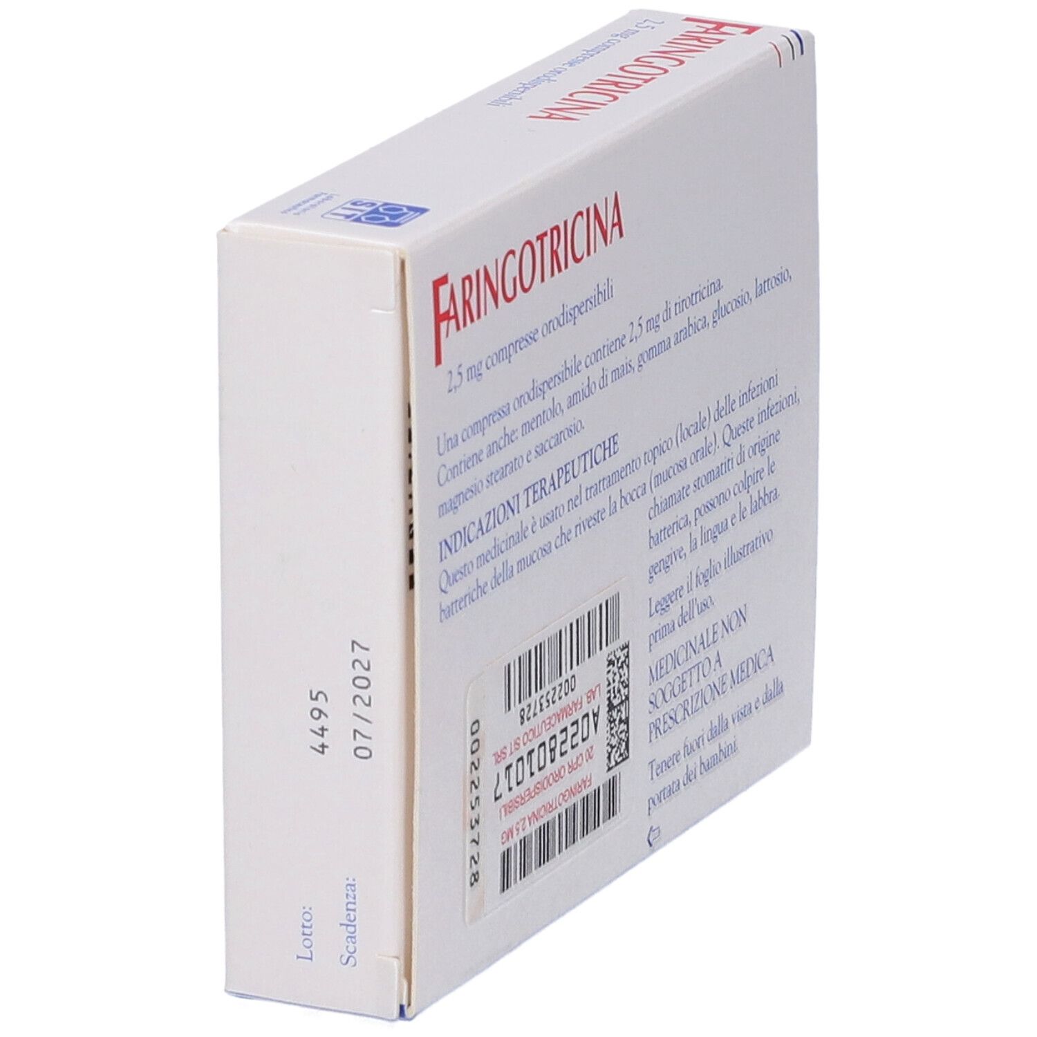 Scatola Faringotricina, 2,5 mg compresse. Vista laterale con informazioni. Sfondo bianco.