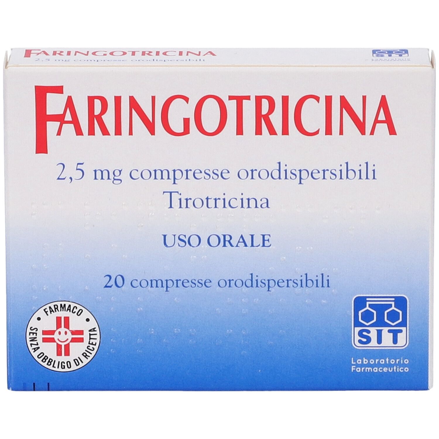 Scatola Faringotricina, 2,5 mg compresse. Colori blu e bianco. 20 compresse.