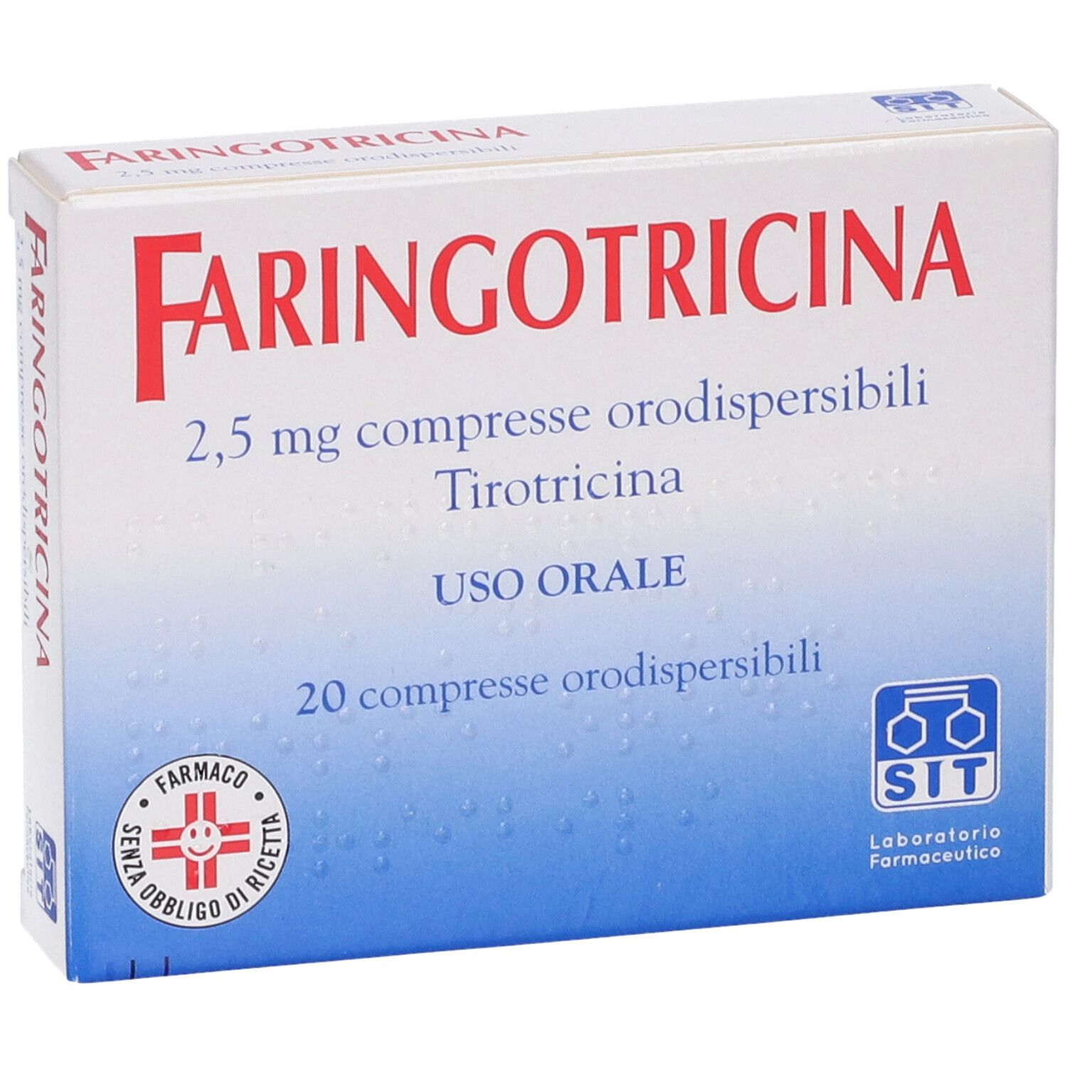 Scatola Faringotricina, 2,5 mg compresse. Colori blu e bianco. 20 compresse.