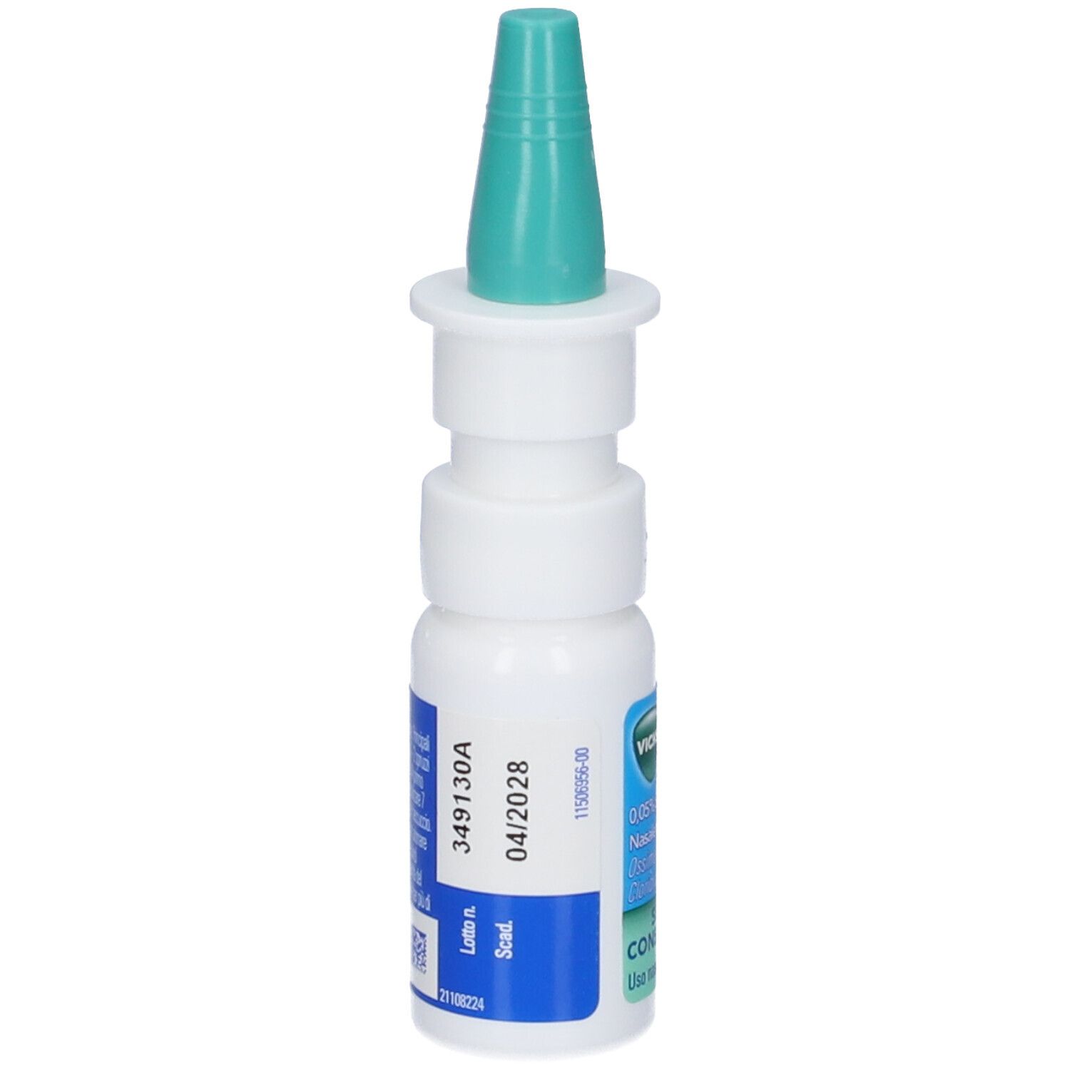 Flacone bianco con erogatore verde. Etichetta blu con testo e scadenza 04/2028.