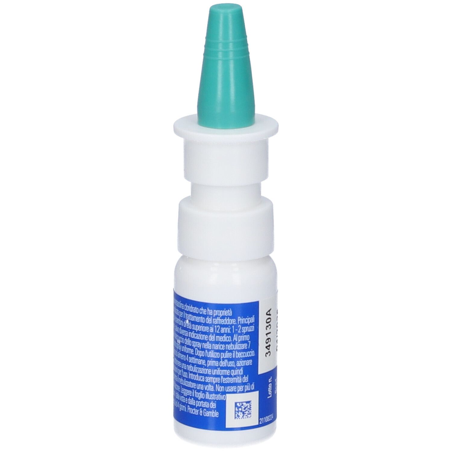 Flacone bianco con erogatore verde. Etichetta blu con testo. Codice QR a destra.