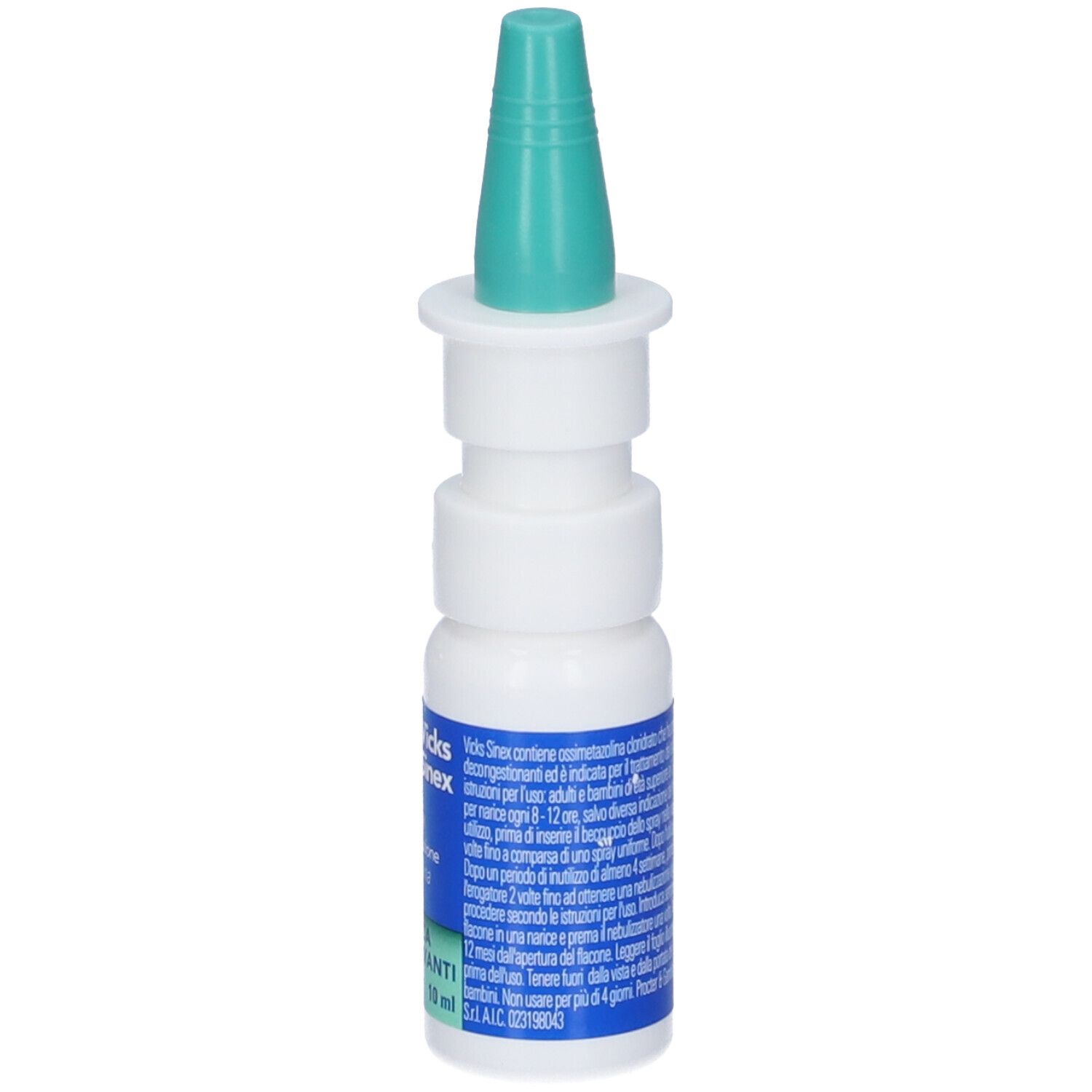 Flacone bianco con erogatore verde. Etichetta blu con testo. Dettaglio del prodotto.