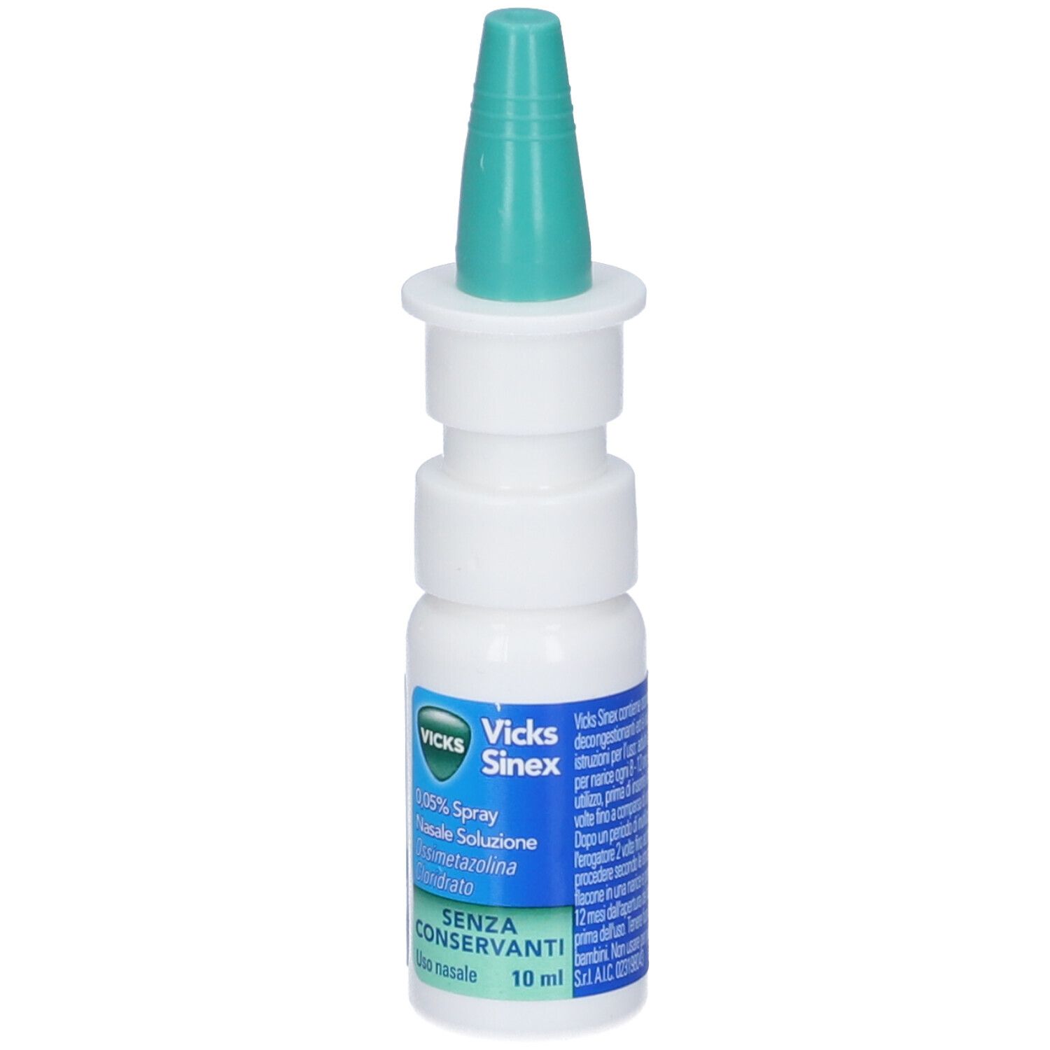 Flacone bianco con erogatore verde. Etichetta blu con testo. Senza conservanti. 10 ml.