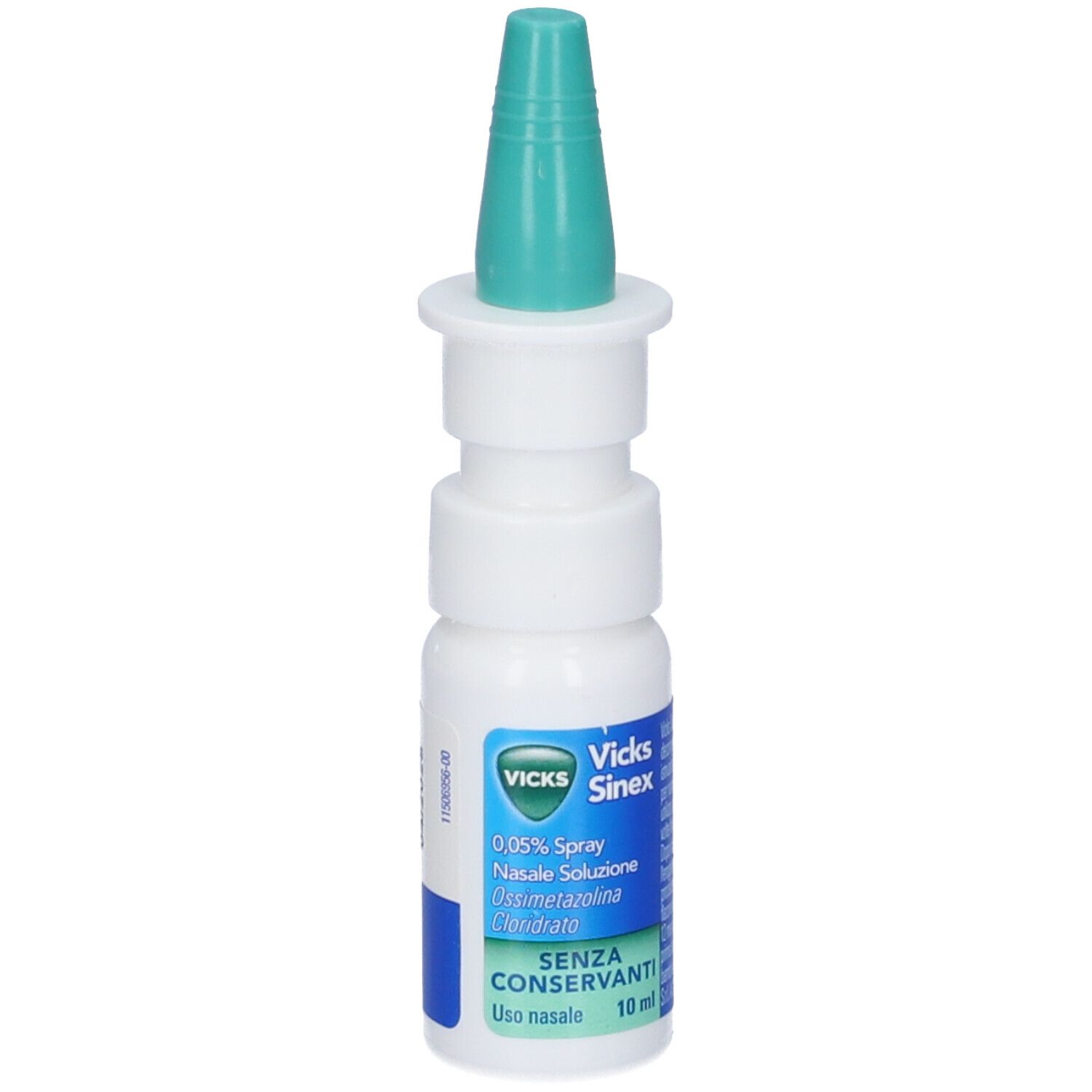 Flacone bianco con erogatore verde. Etichetta blu con testo. Senza conservanti. 10 ml.
