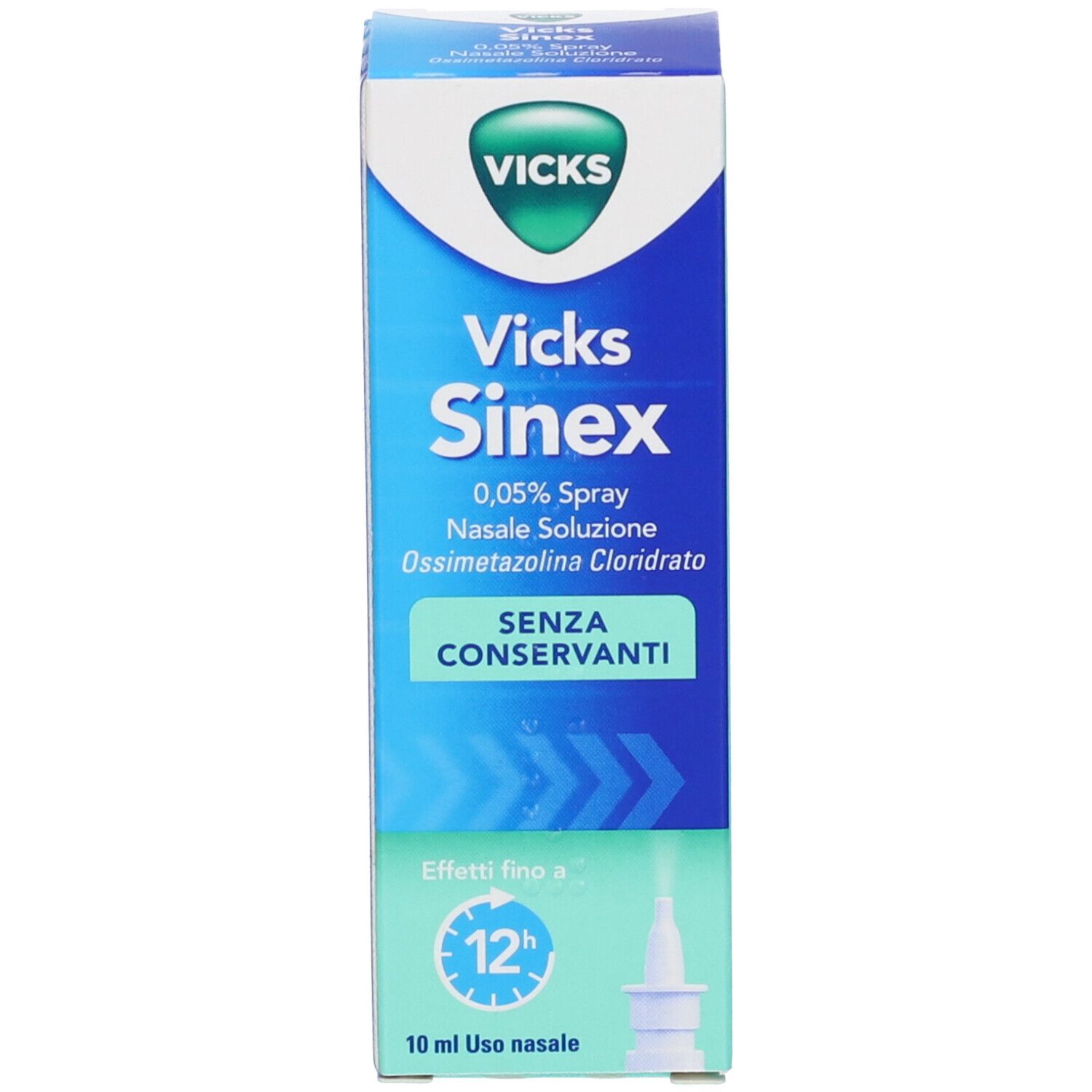 Confezione del prodotto. Confezione blu con testo: Vicks Sinex. Effetto 12h.