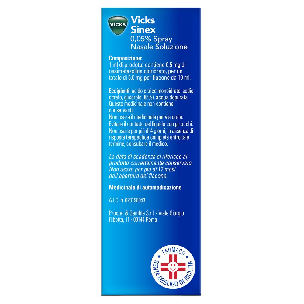 Retro confezione Vicks Sinex. Contiene informazioni su composizione, uso e conservazione. Logo farmacia.