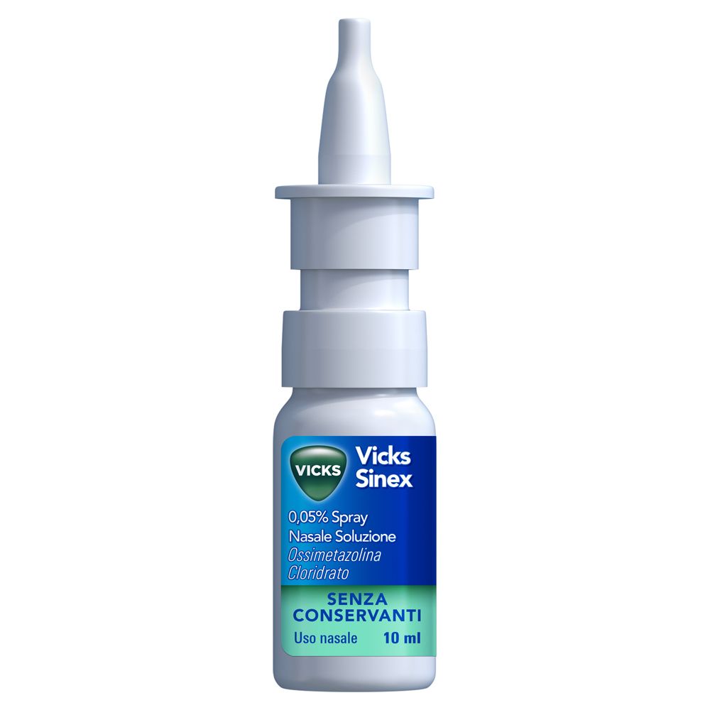 Vicks Sinex spray nasale, flacone bianco con erogatore verde. Nome del prodotto e informazioni stampate.