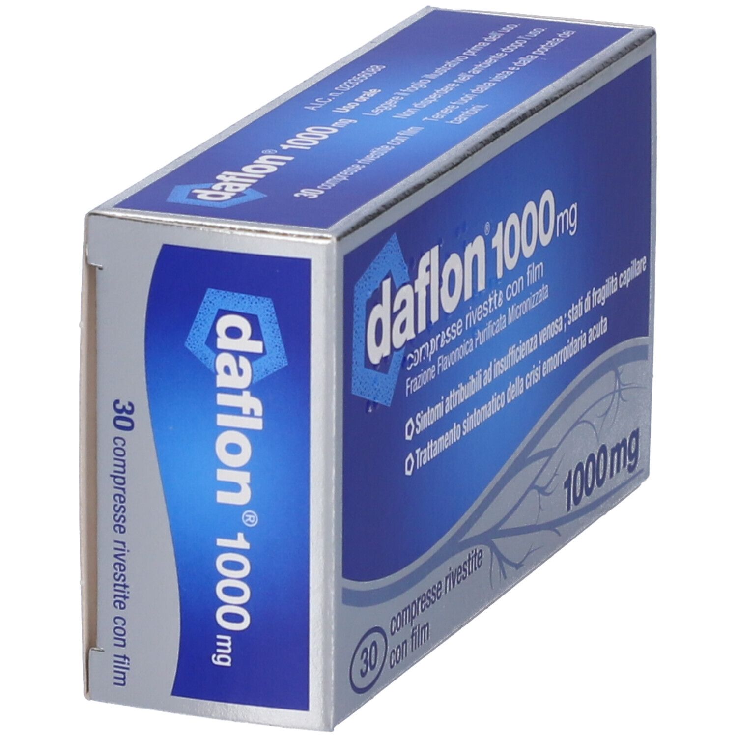 Scatola blu con scritta 'daflon 1000mg'. Contiene 30 compresse rivestite.