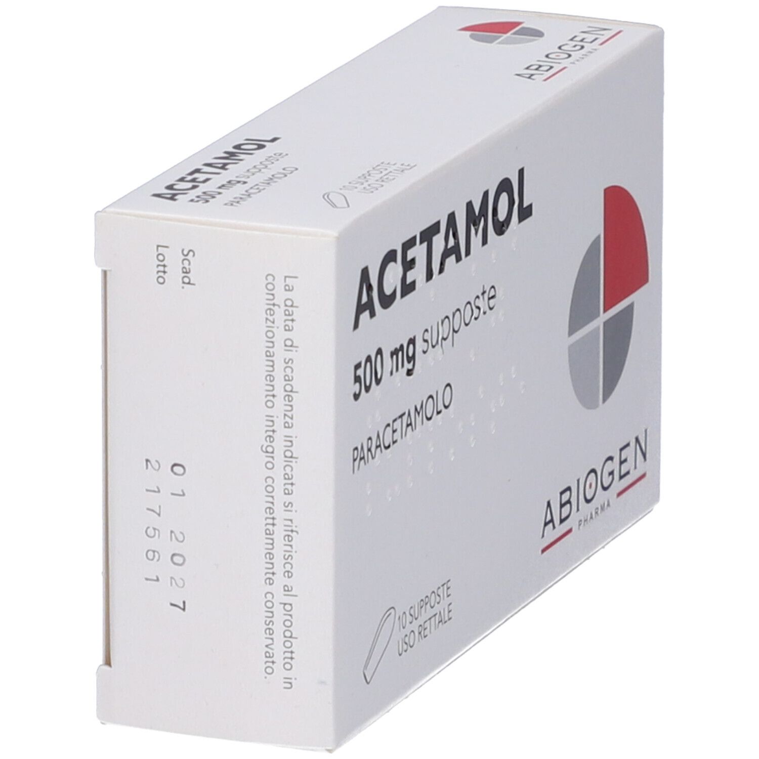 Scatola ACETAMOL 500 mg supposte. Contiene 10 supposte. Marchio ABIOGEN. Bianca con logo rosso e grigio. Uso rettale.