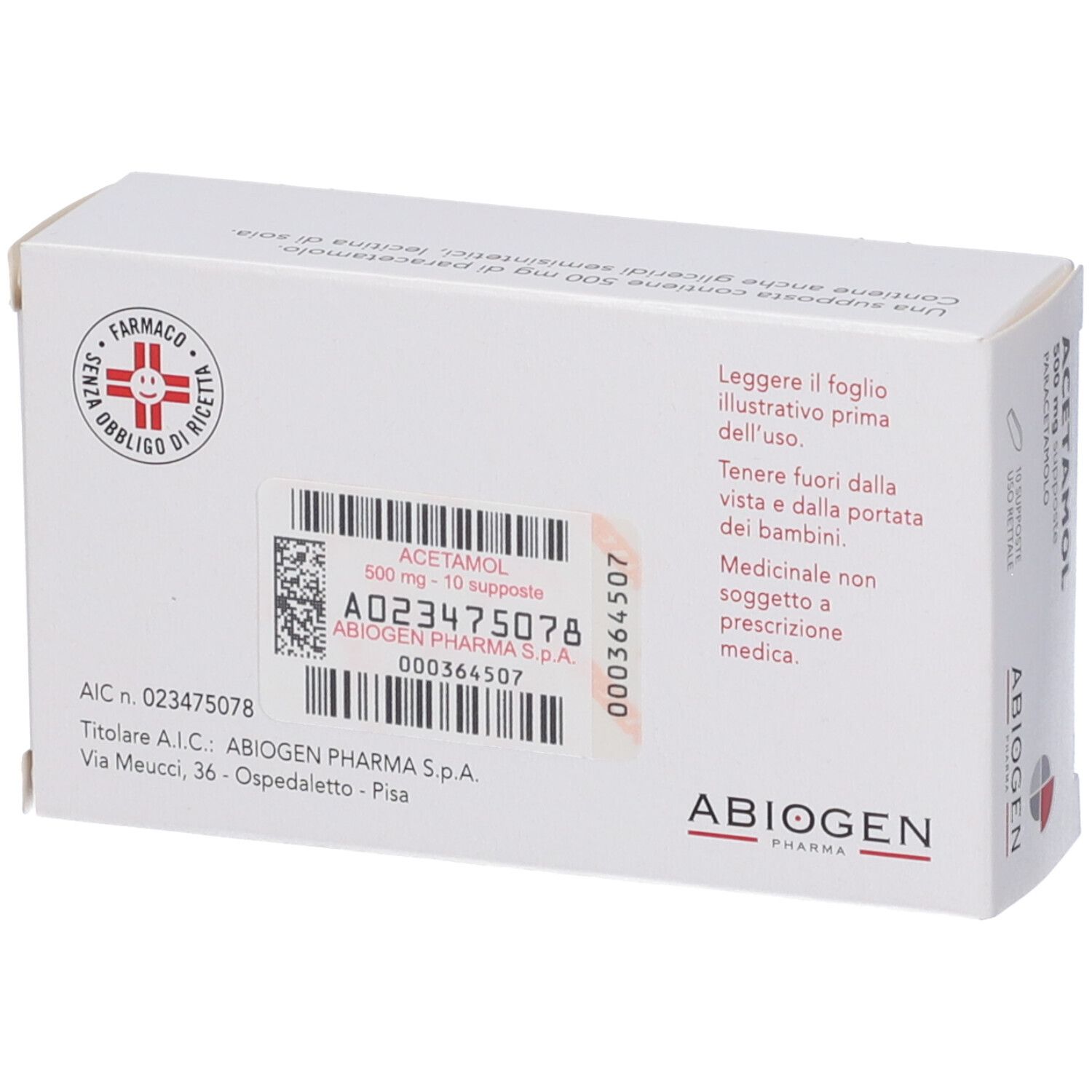 Retro della scatola di ACETAMOL 500 mg supposte. Informazioni, logo ABIOGEN e simbolo farmacia.