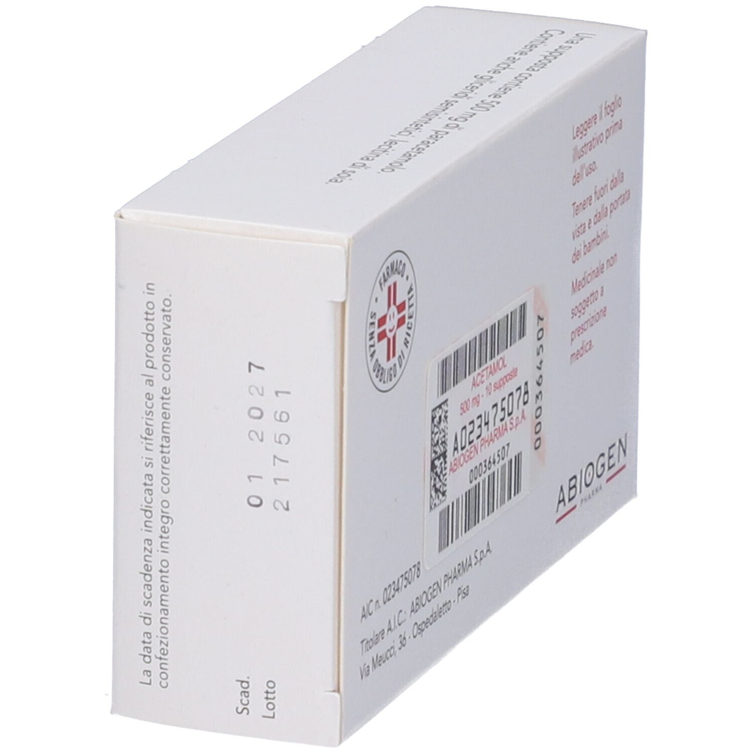 Scatola ACETAMOL 500 mg supposte, in diagonale. Informazioni, data di scadenza e simbolo farmacia.