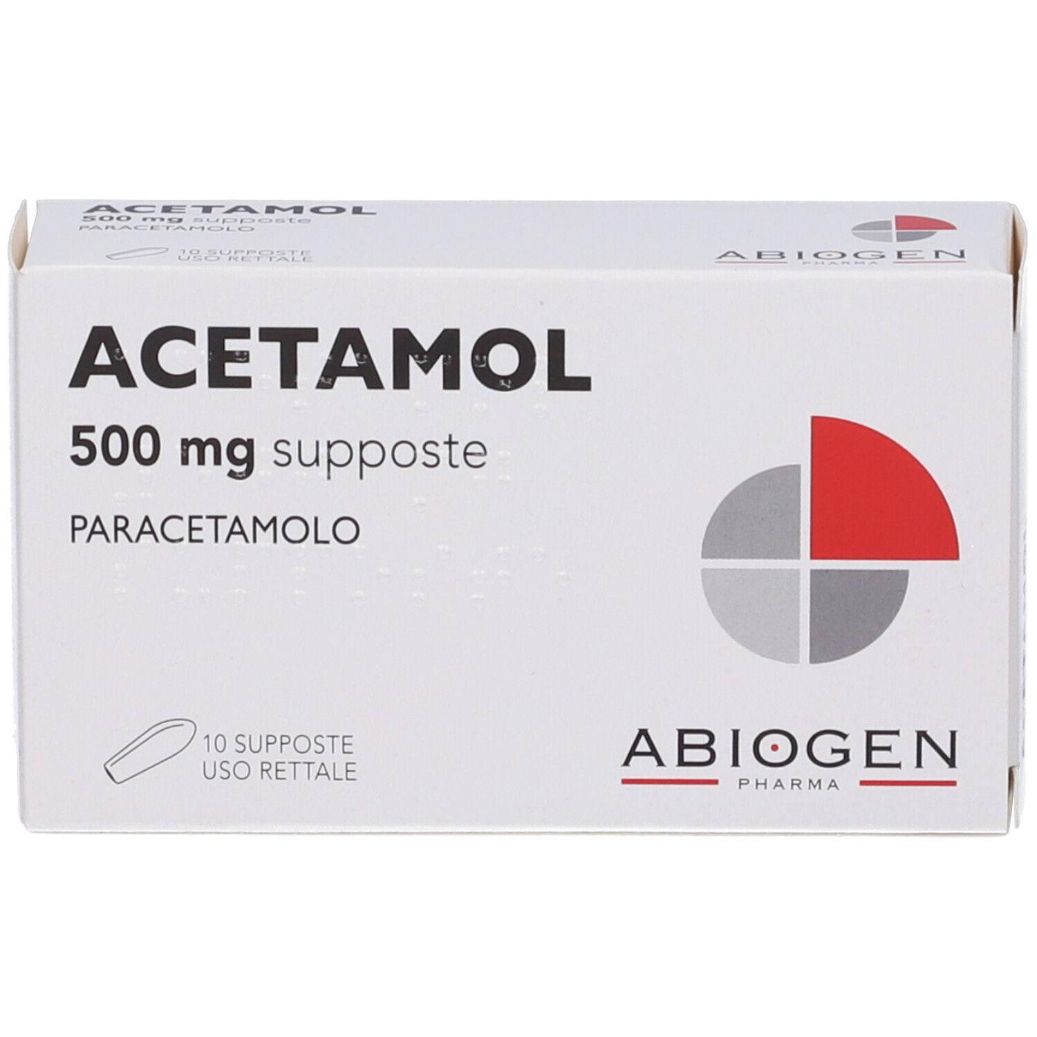 Scatola ACETAMOL 500 mg supposte. Contiene 10 supposte. Marchio ABIOGEN. Bianca con logo rosso e grigio. Uso rettale.