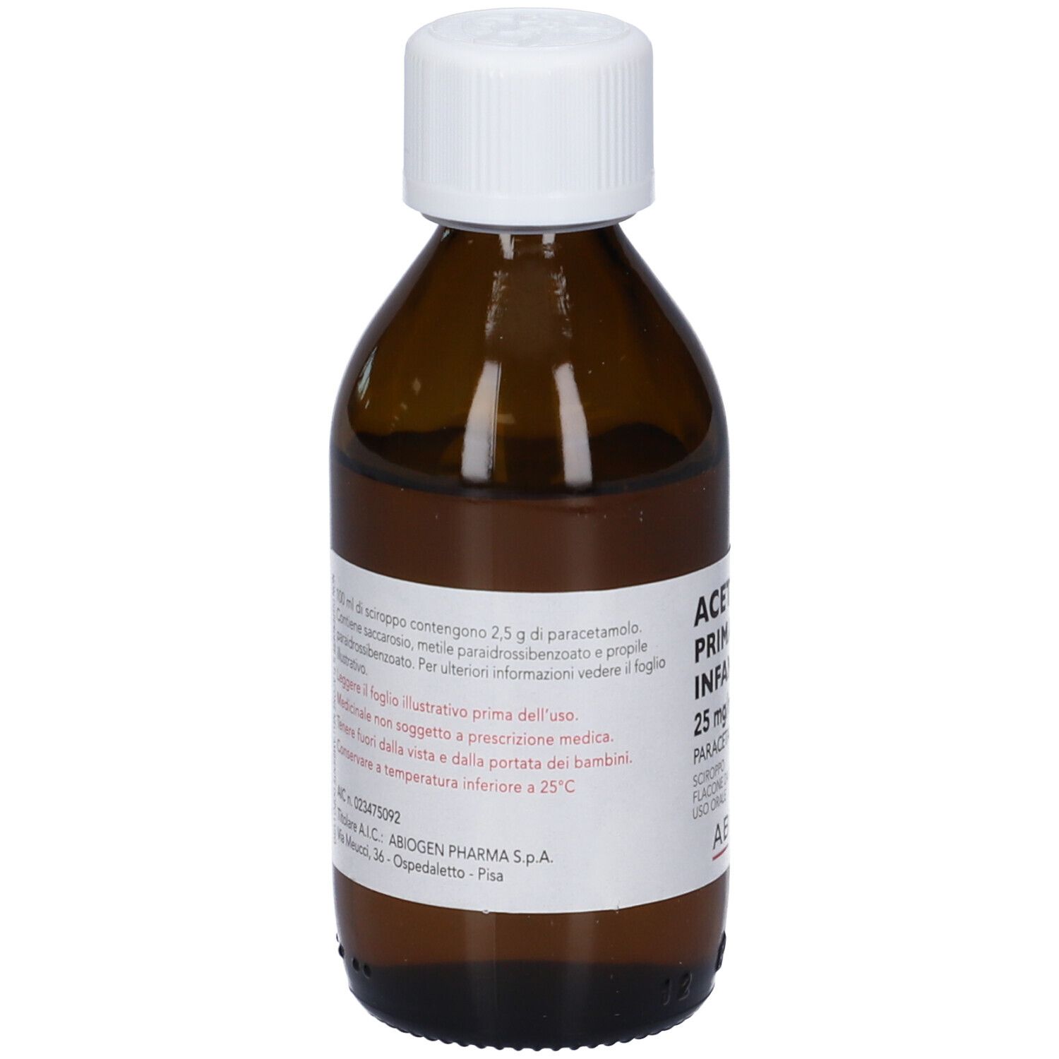 Flacone marrone con tappo bianco. Etichetta con informazioni sul prodotto. Testo in italiano.