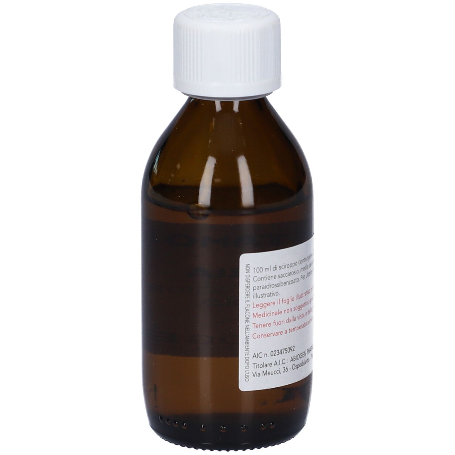 Flacone marrone con tappo bianco. Etichetta con informazioni sul prodotto. Testo in italiano.