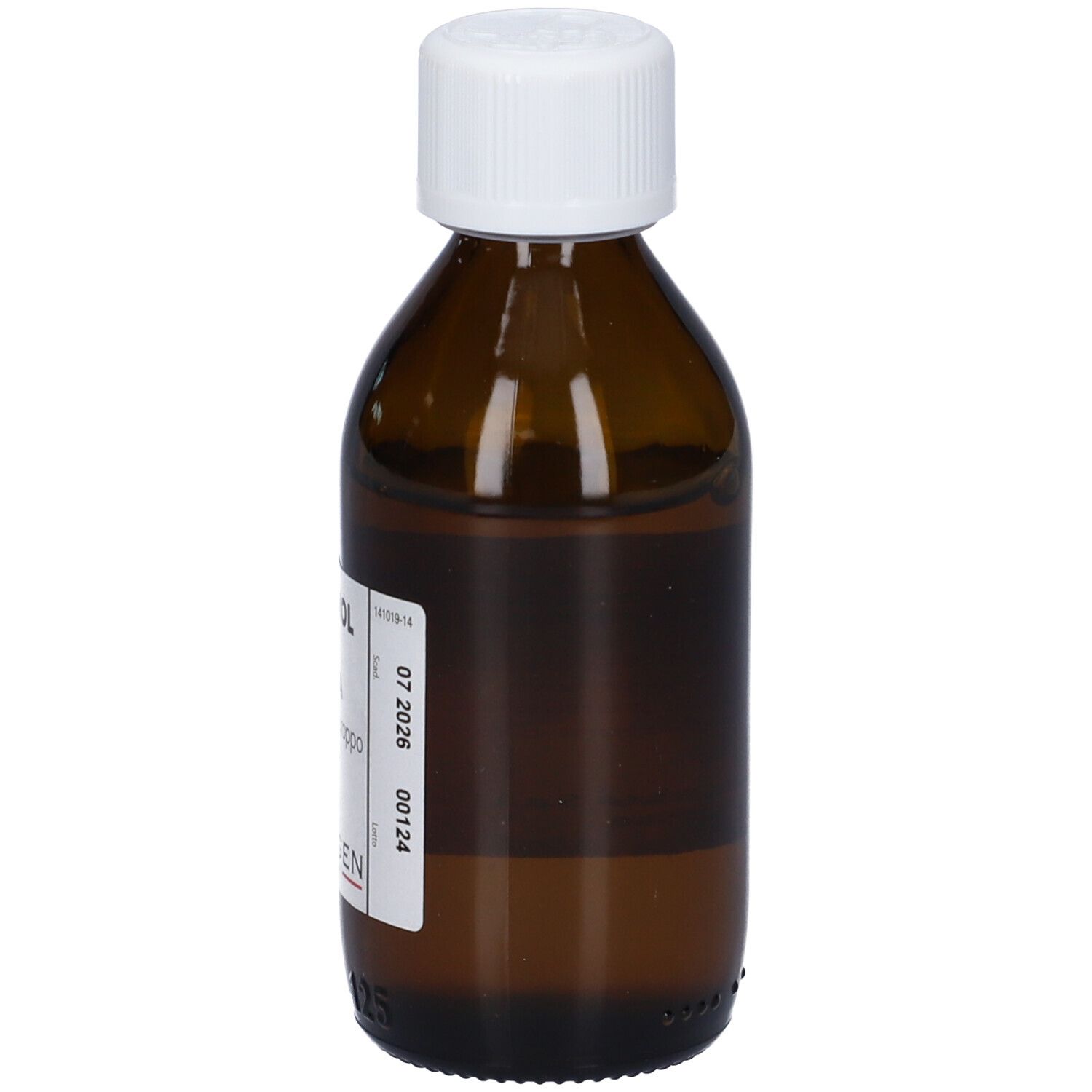 Flacone marrone con tappo bianco. Etichetta con informazioni sul prodotto. Testo in italiano.