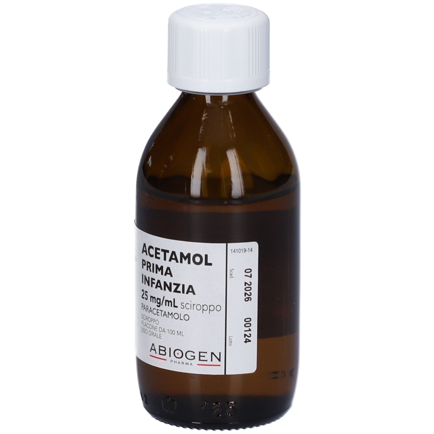 Flacone marrone con tappo bianco. Etichetta con nome prodotto ACETAMOL Prima Infanzia 25mg/ml sciroppo. Testo in italiano.