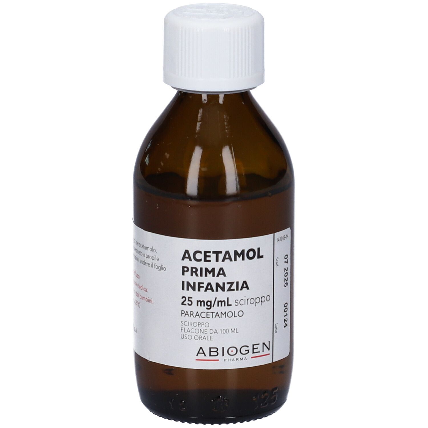 Flacone marrone con tappo bianco. Etichetta con nome prodotto ACETAMOL Prima Infanzia 25mg/ml sciroppo. Testo in italiano.