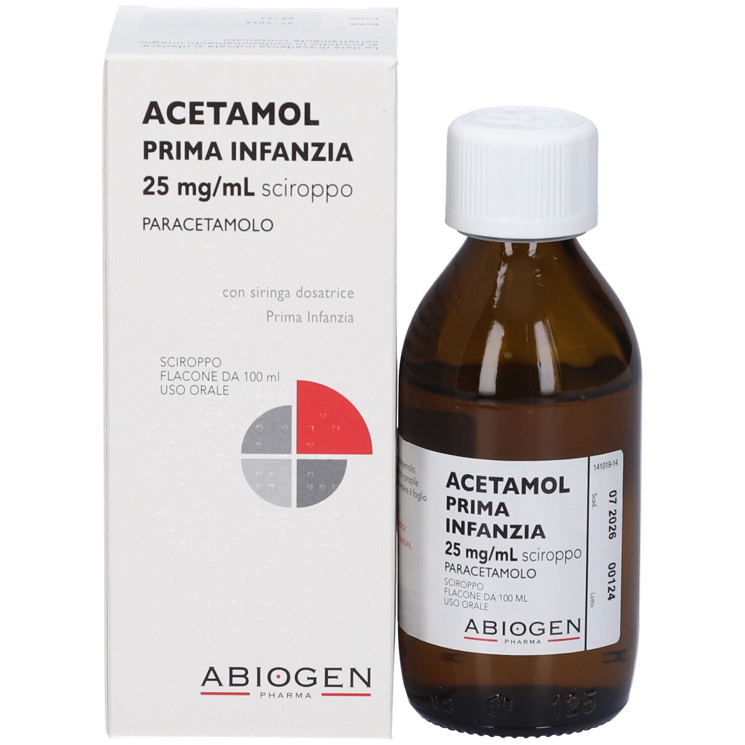 Scatola e flacone. Scatola con nome prodotto ACETAMOL Prima Infanzia 25mg/ml sciroppo. Testo in italiano.