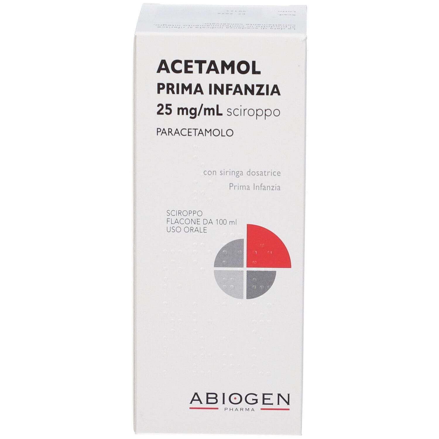 Scatola bianca con nome prodotto ACETAMOL Prima Infanzia 25mg/ml sciroppo. Logo e testo in italiano.