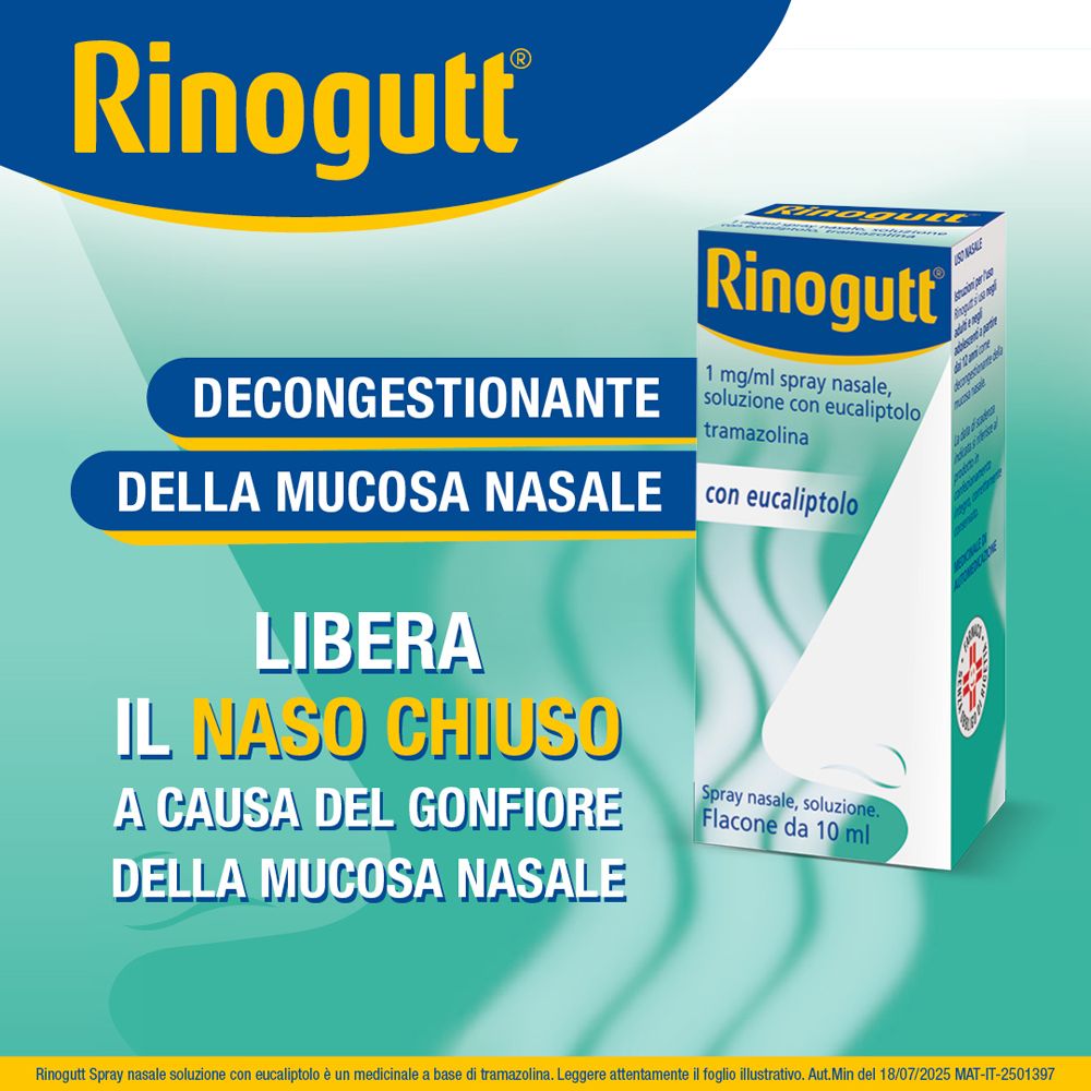 Pubblicità Rinogutt. Testo: Decongestionante della mucosa nasale. Libera il naso chiuso. Flacone rappresentato.