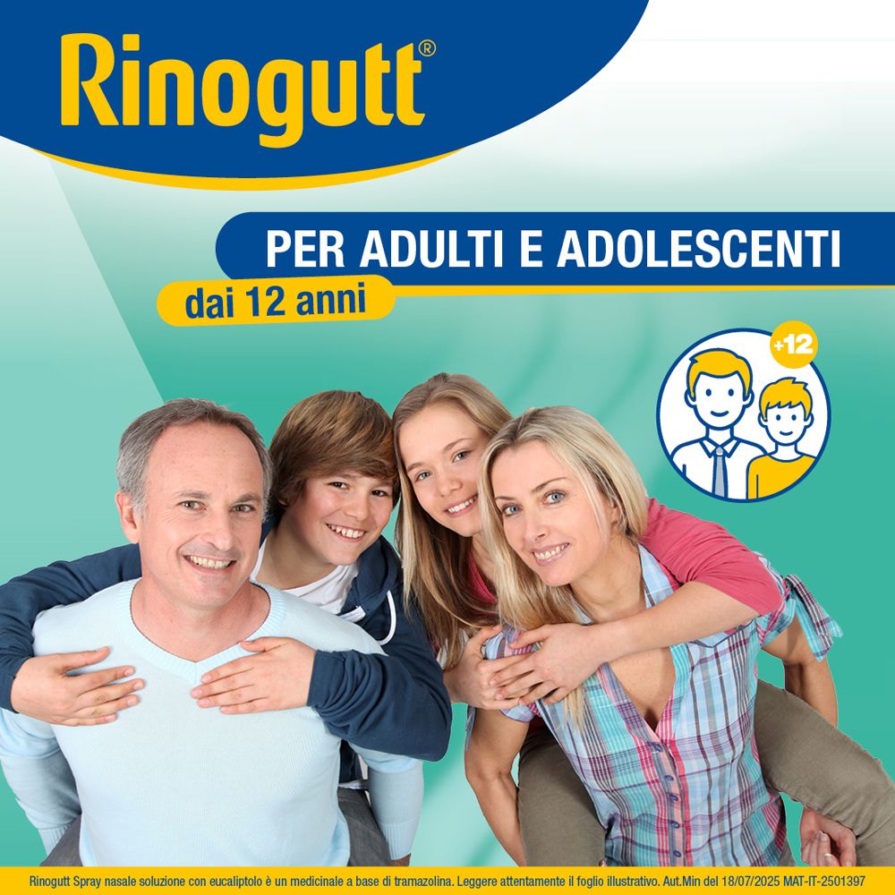 Pubblicità Rinogutt. Testo: Per adulti e adolescenti dai 12 anni. Famiglia rappresentata.