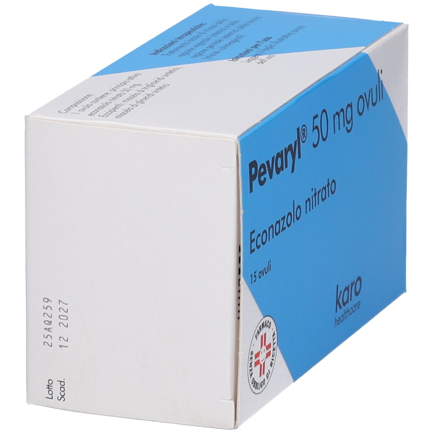 Scatola Pevaryl 50 mg ovuli, blu e bianca. 15 ovuli. Logo Karo healthcare. Testo sul retro.