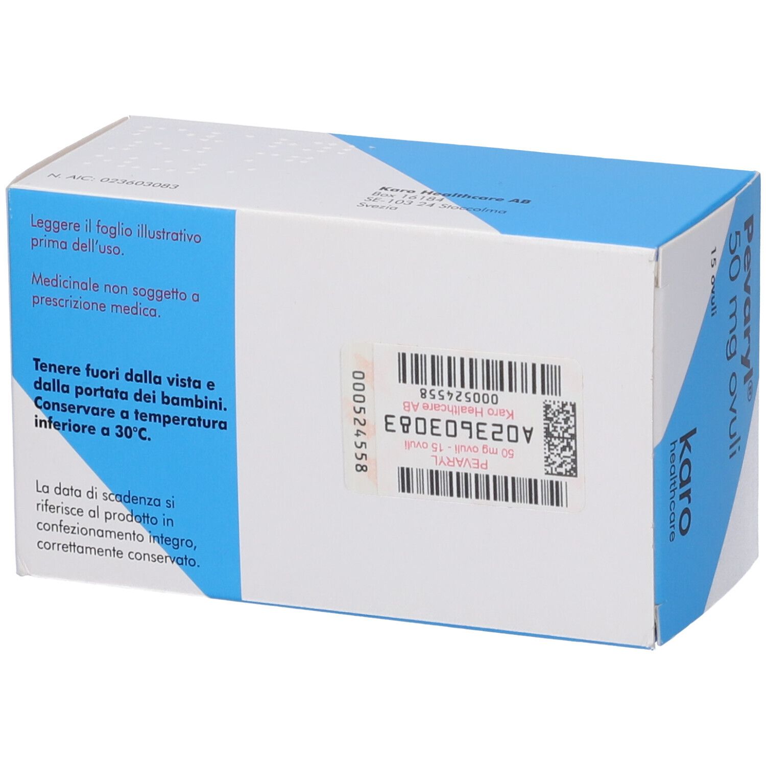 Retro della scatola Pevaryl 50 mg ovuli. Testo, codice a barre e logo Karo healthcare.