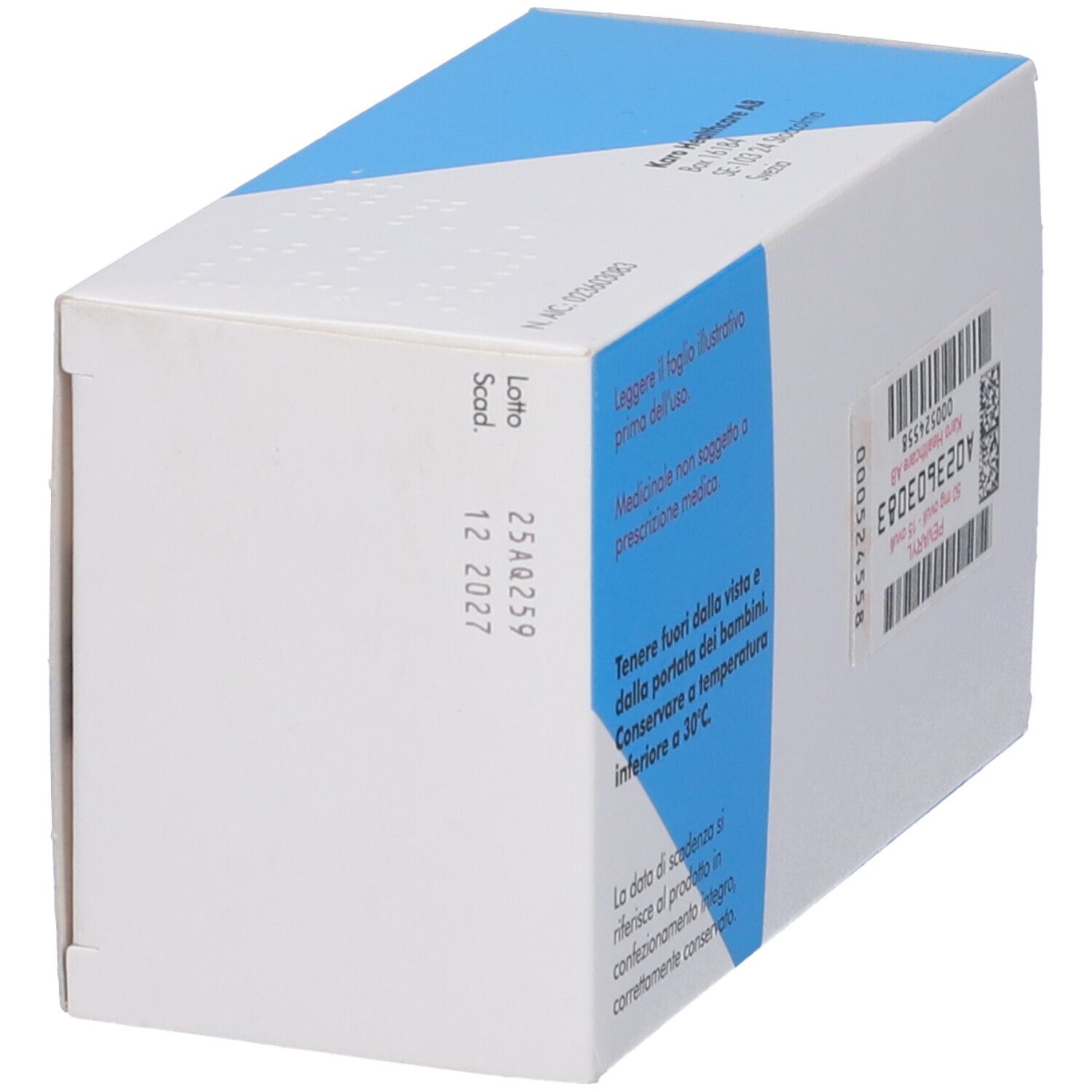 Scatola Pevaryl 50 mg ovuli, blu e bianca. 15 ovuli. Logo Karo healthcare. Testo sul retro.