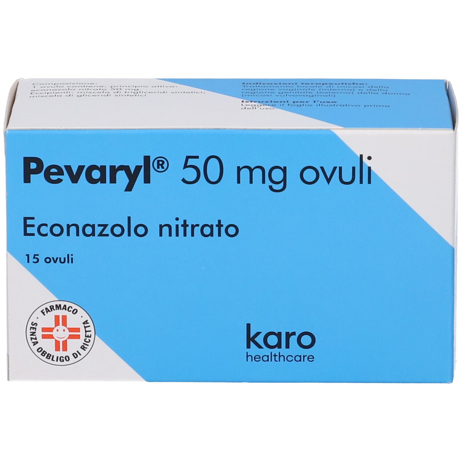 Scatola blu e bianca Pevaryl 50 mg ovuli. 15 ovuli. Logo Karo healthcare. Testo sulla confezione.